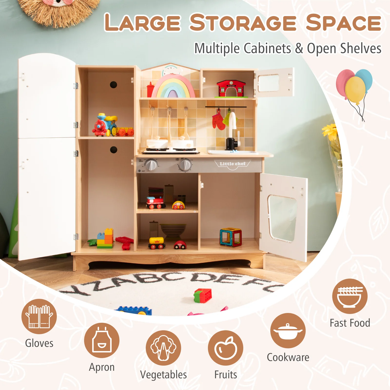 Wooden Kids Kitchen Playset, With Utensils And Sound, White - Image 9
