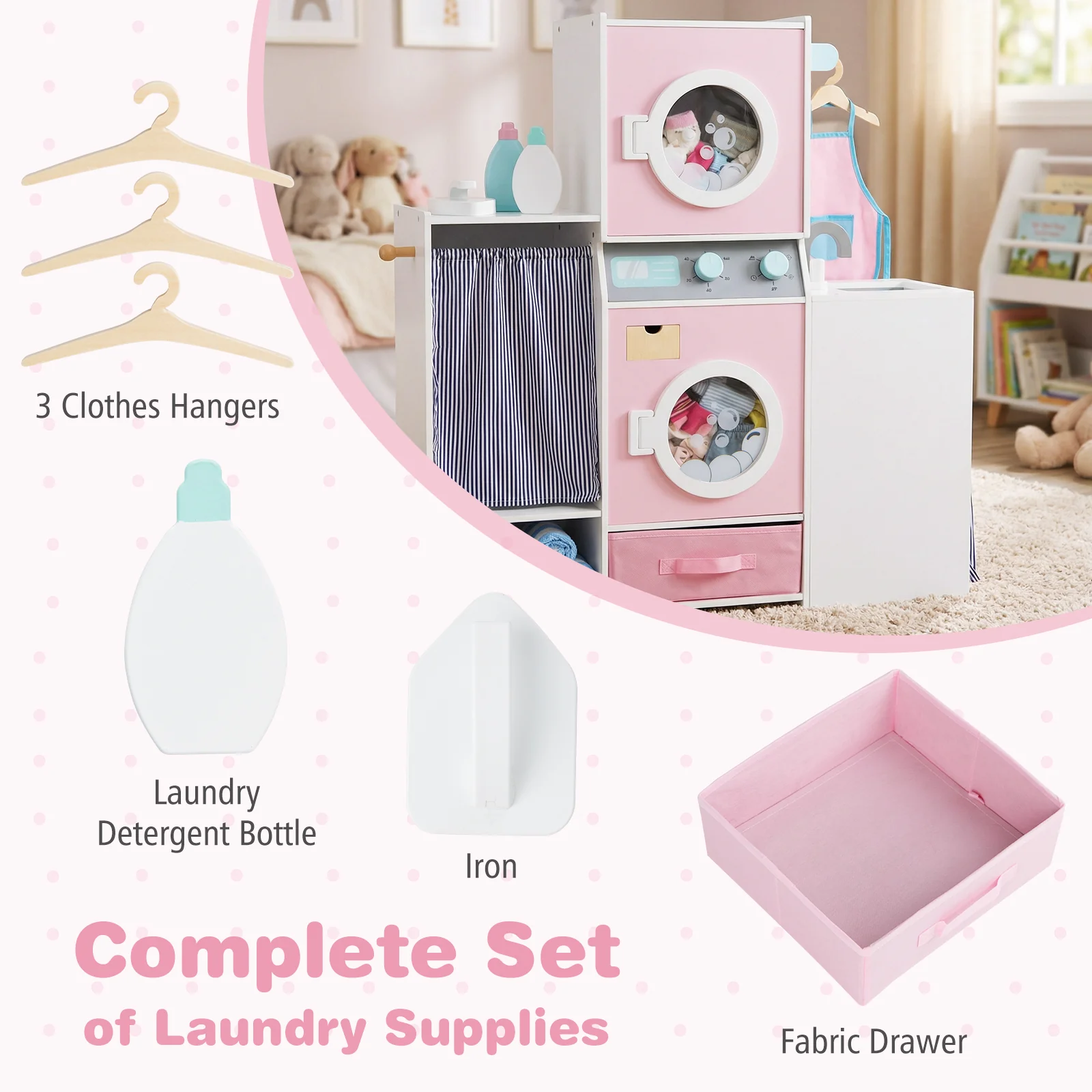 Wooden Kids Laundry Playset with Laundry Detergent Bottle and Clothes Hangers, Pink - Image 10