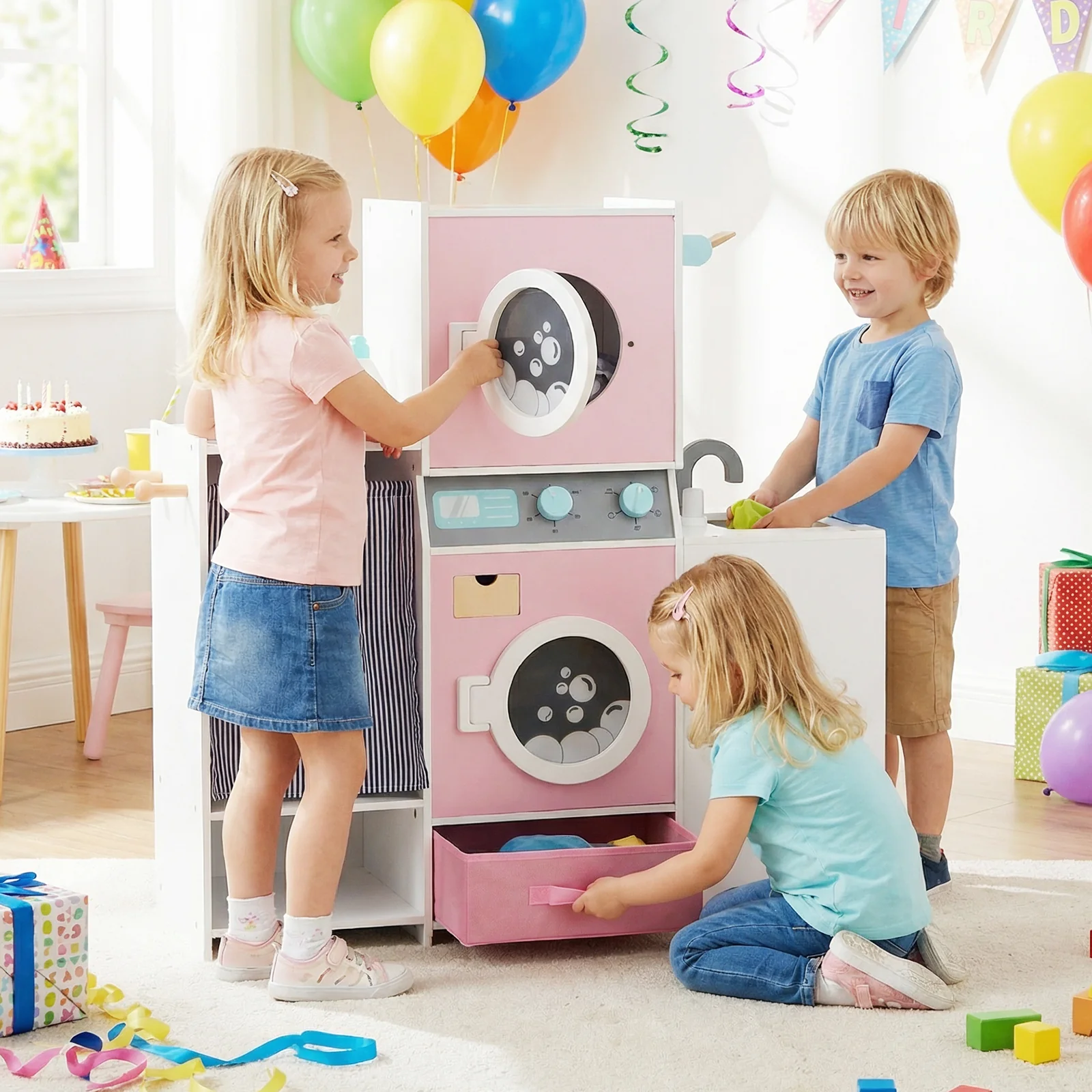 Wooden Kids Laundry Playset with Laundry Detergent Bottle and Clothes Hangers, Pink - Image 2