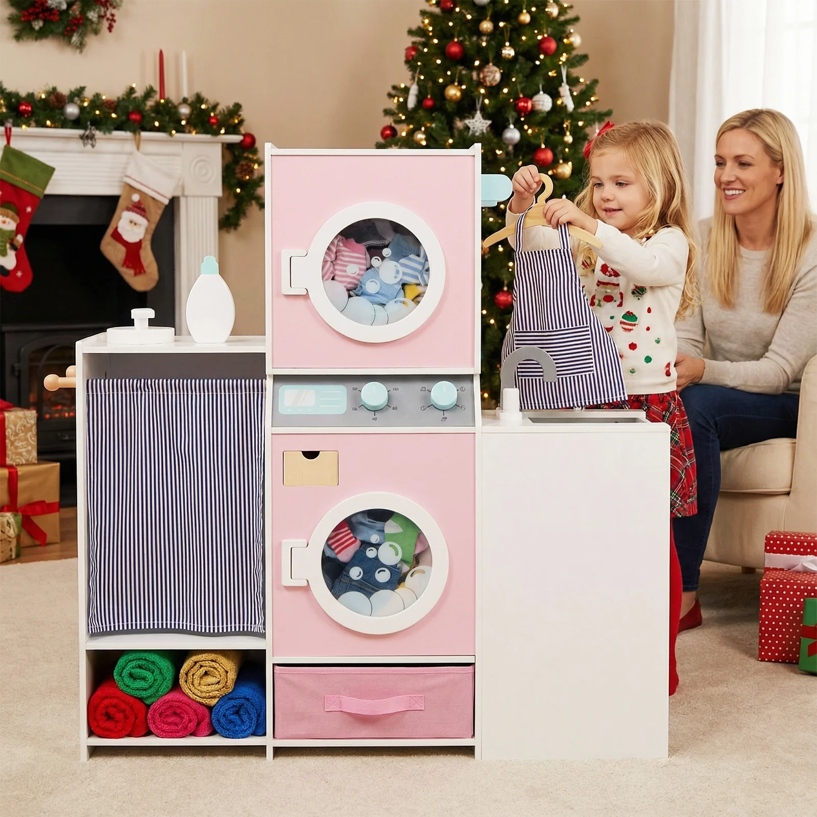 Wooden Kids Laundry Playset with Laundry Detergent Bottle and Clothes Hangers, Pink - Image 3