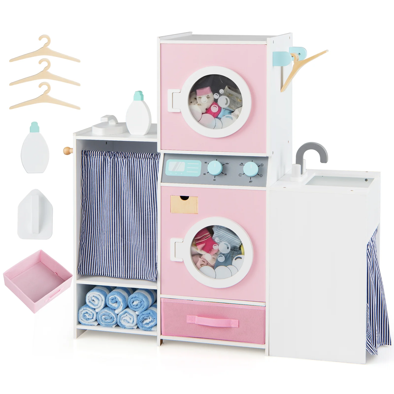 Wooden Kids Laundry Playset with Laundry Detergent Bottle and Clothes Hangers, Pink - Image 4