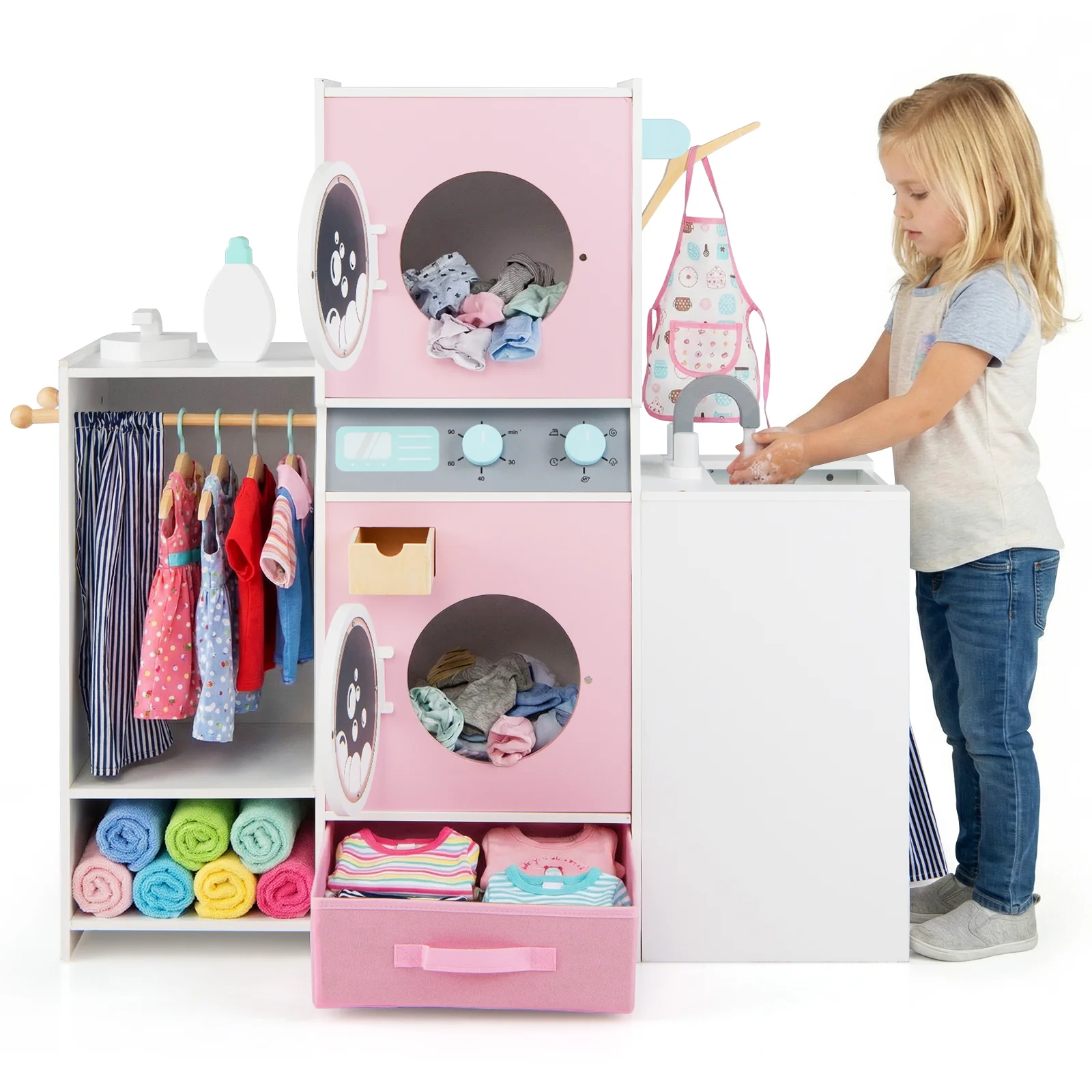 Wooden Kids Laundry Playset with Laundry Detergent Bottle and Clothes Hangers, Pink - Image 5