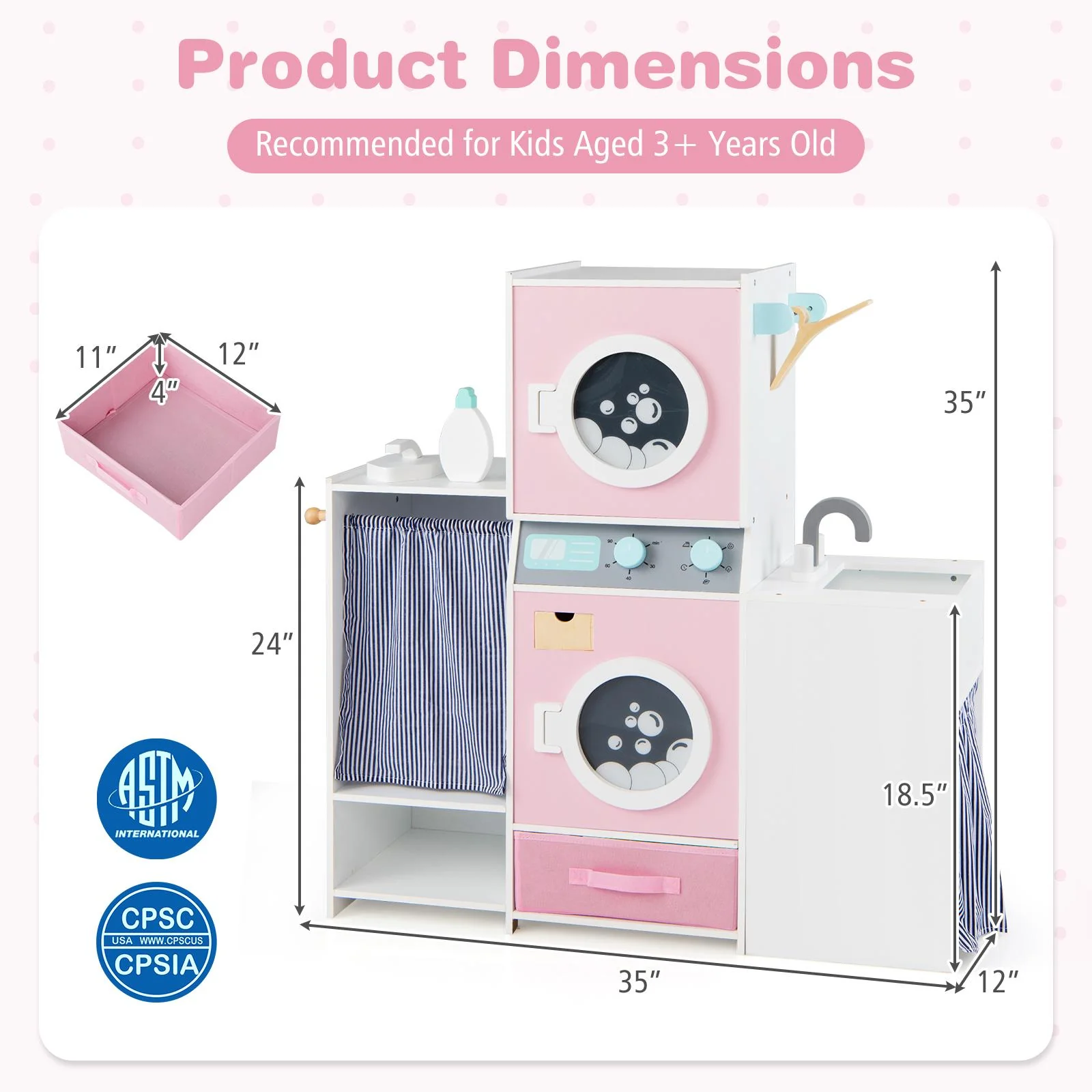 Wooden Kids Laundry Playset with Laundry Detergent Bottle and Clothes Hangers, Pink - Image 6