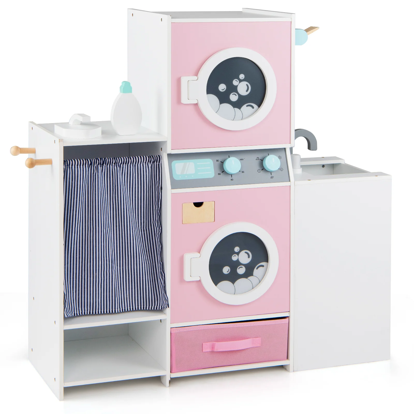 Wooden Kids Laundry Playset with Laundry Detergent Bottle and Clothes Hangers, Pink - Image 7