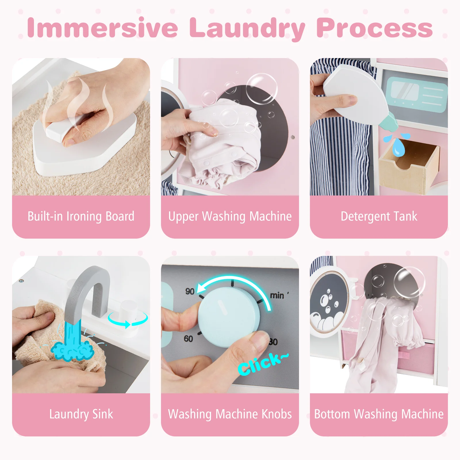 Wooden Kids Laundry Playset with Laundry Detergent Bottle and Clothes Hangers, Pink - Image 9
