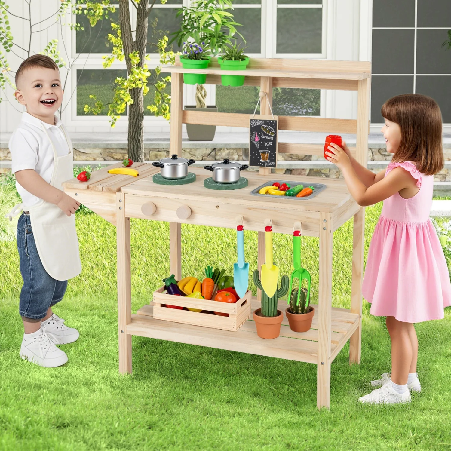 Wooden Kids Play Kitchen Set with Stoves, 3+, Natural - Image 2