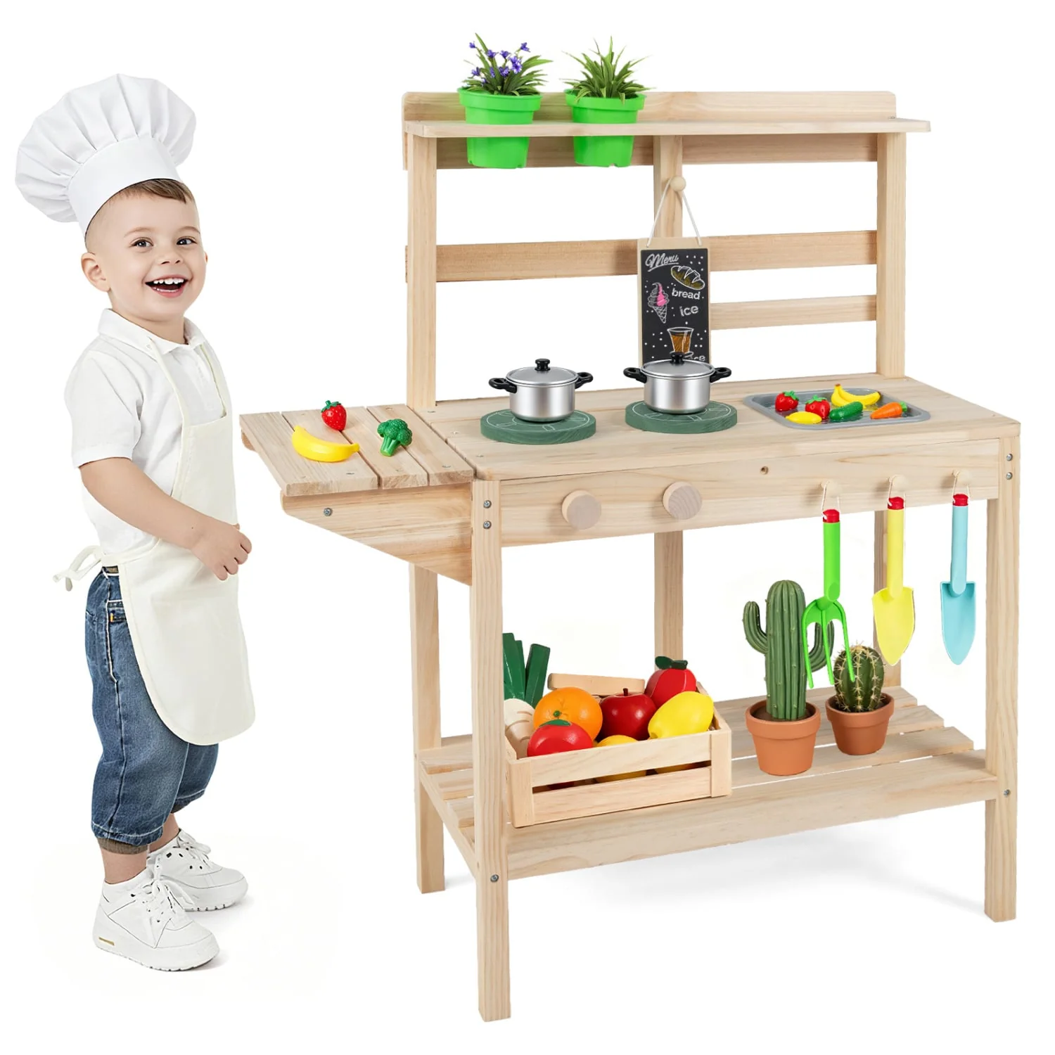 Wooden Kids Play Kitchen Set with Stoves, 3+, Natural - Image 3