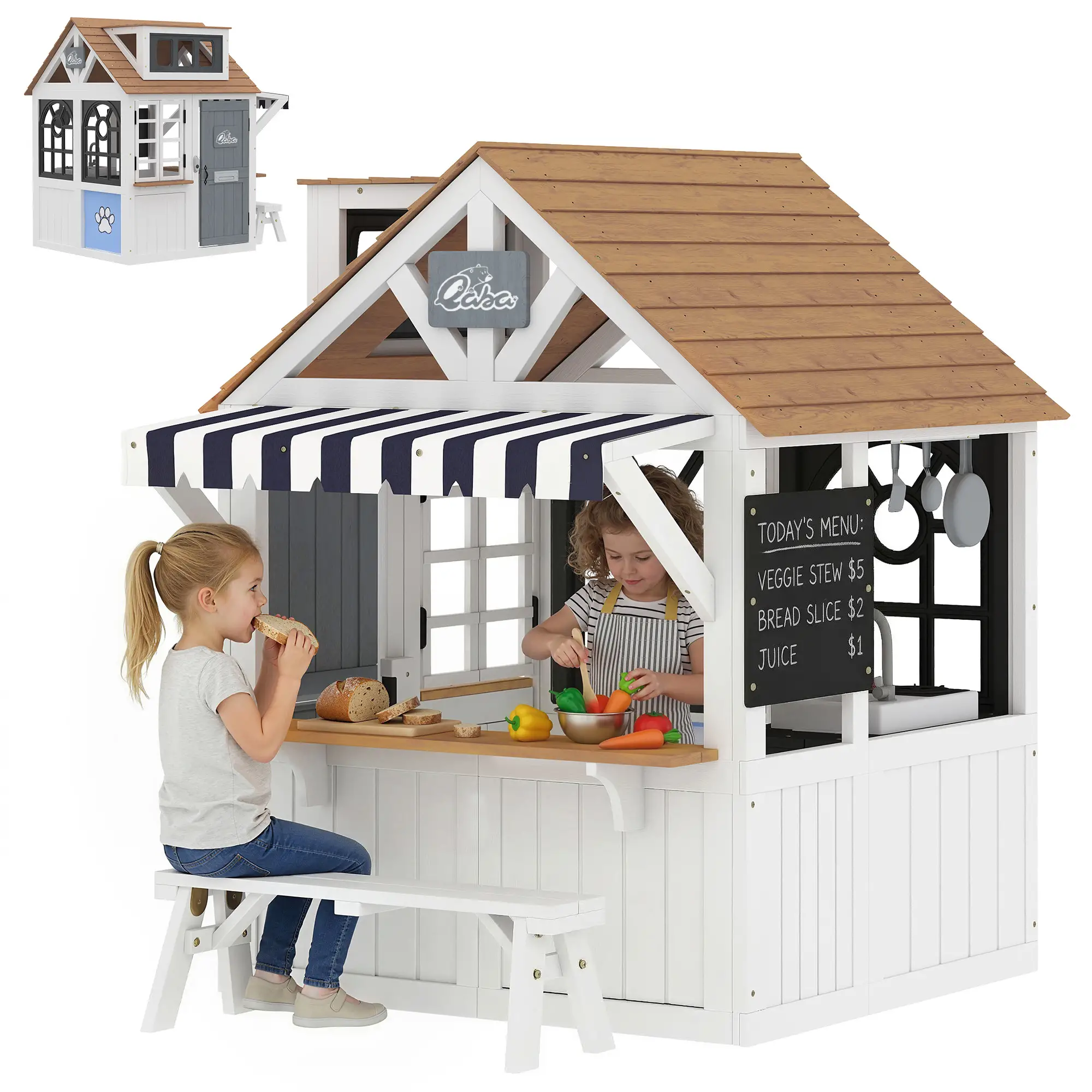 Wooden Kids Playhouse With Dog Door, Cookware, Blackboard, Bench, Doorbell