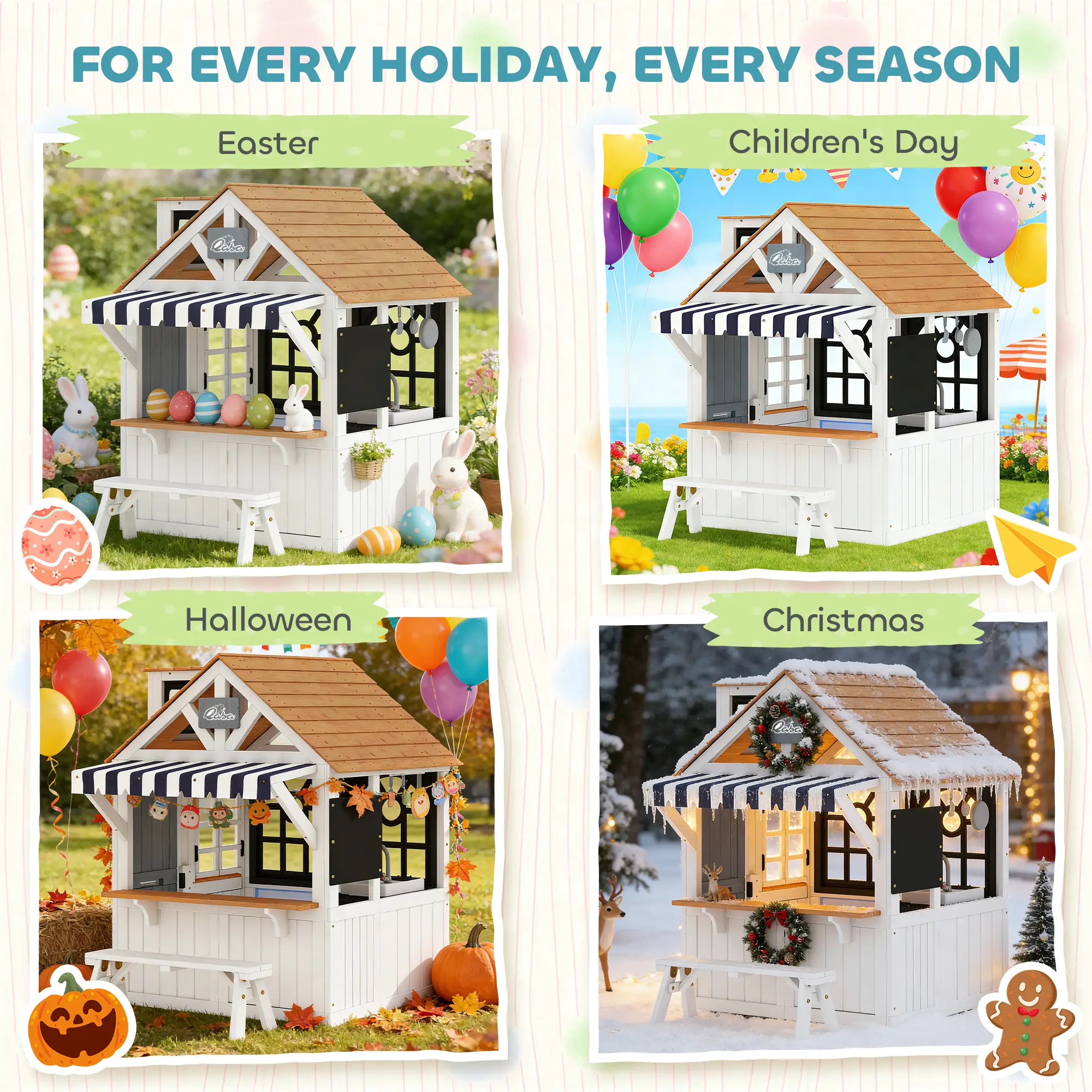 Wooden Kids Playhouse With Dog Door, Cookware, Blackboard, Bench, Doorbell - Image 10