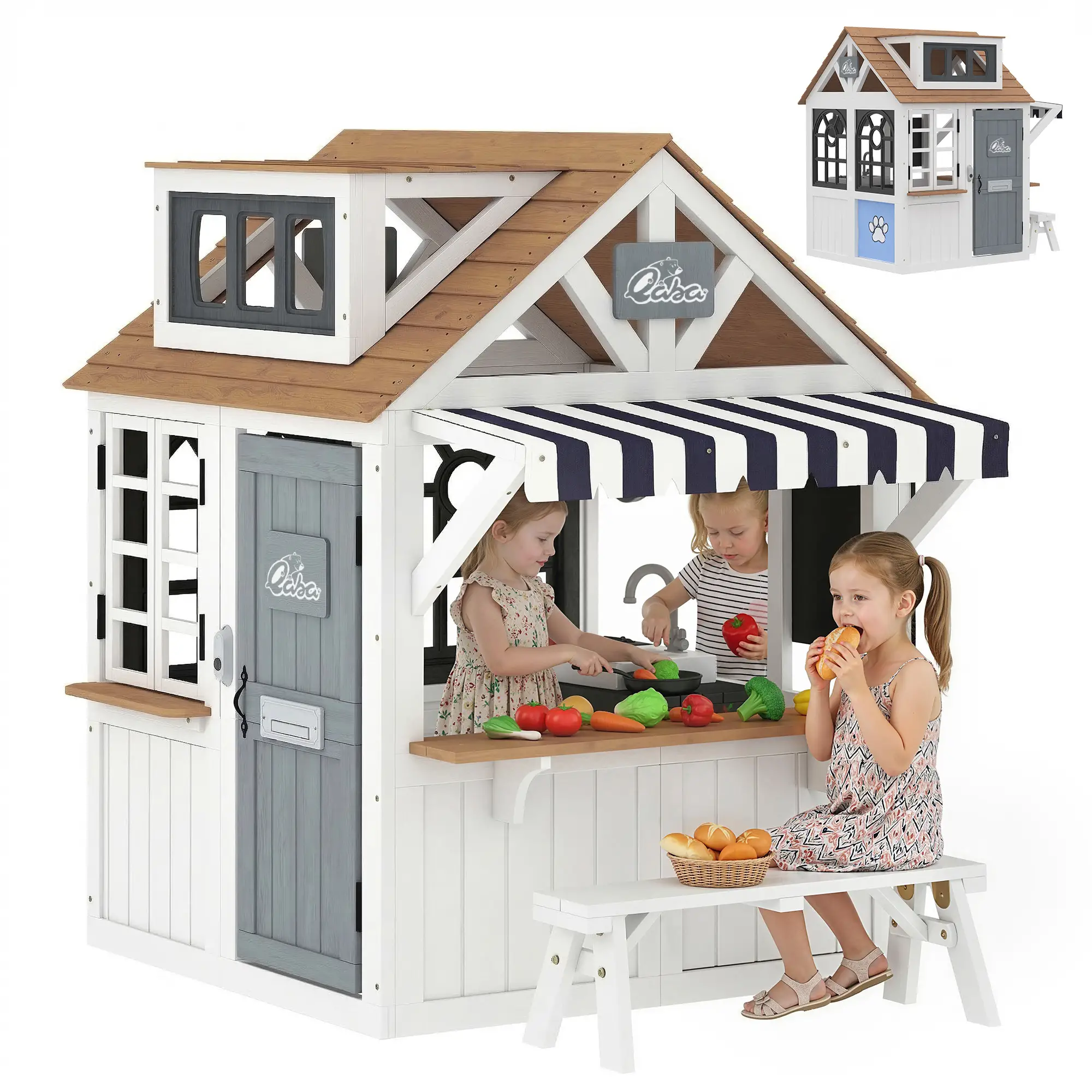 Wooden Kids Playhouse With Dog Door, Cookware, Blackboard, Bench, Doorbell - Image 11