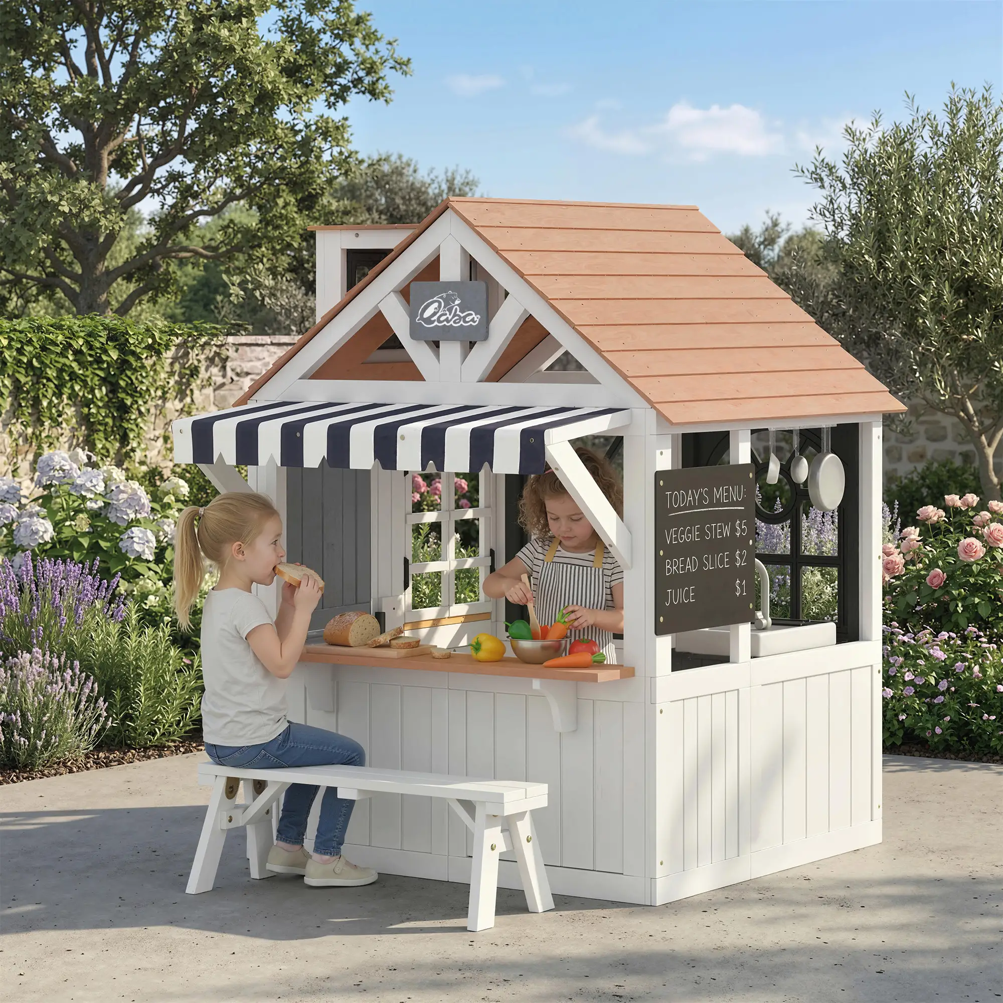 Wooden Kids Playhouse With Dog Door, Cookware, Blackboard, Bench, Doorbell - Image 2