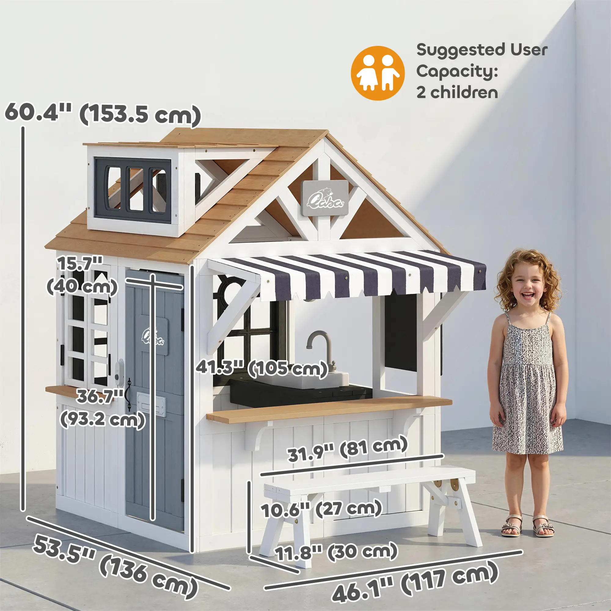 Wooden Kids Playhouse With Dog Door, Cookware, Blackboard, Bench, Doorbell - Image 3