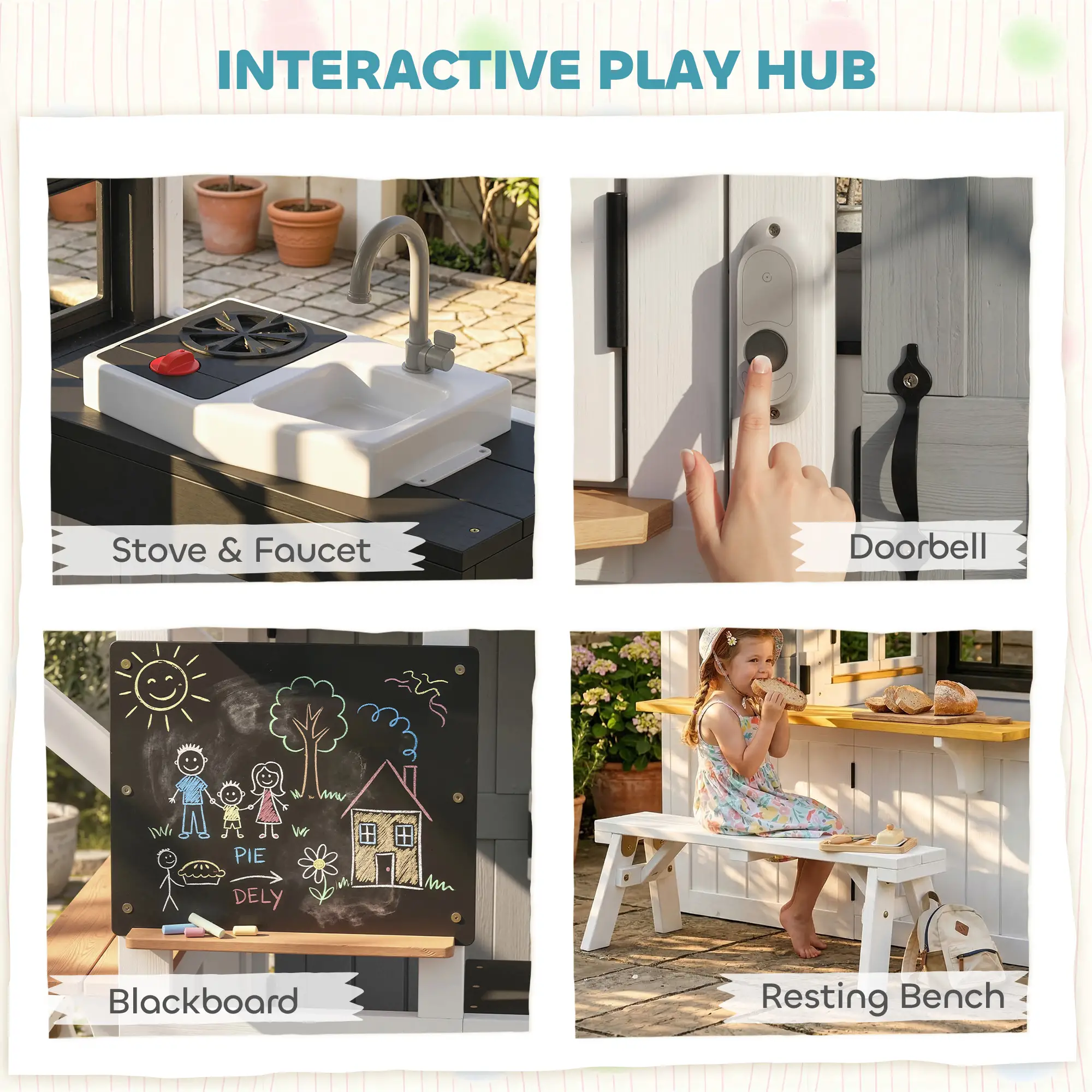 Wooden Kids Playhouse With Dog Door, Cookware, Blackboard, Bench, Doorbell - Image 4