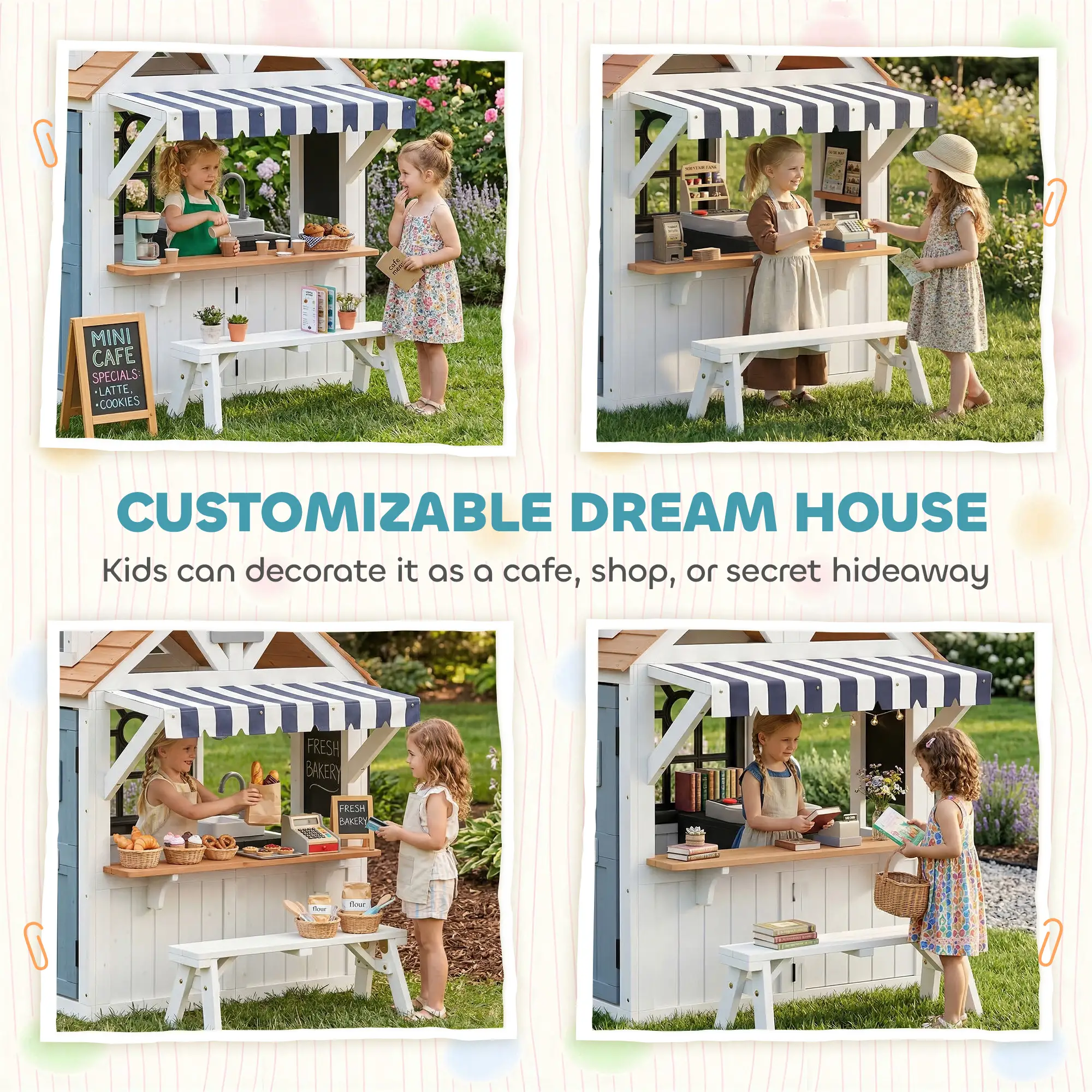 Wooden Kids Playhouse With Dog Door, Cookware, Blackboard, Bench, Doorbell - Image 6