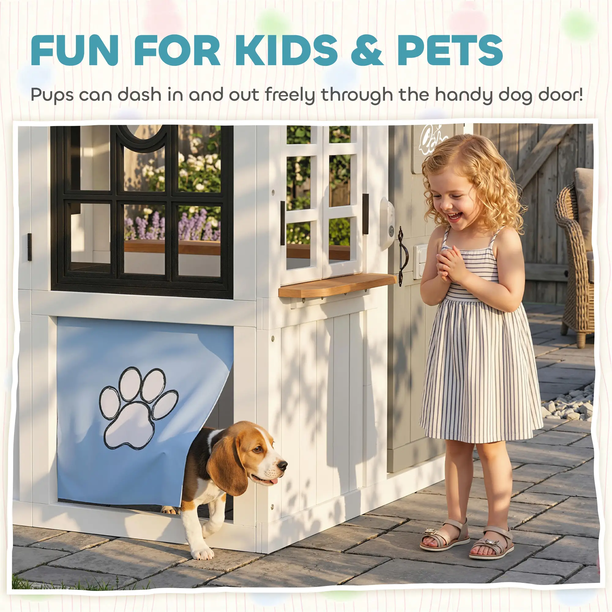 Wooden Kids Playhouse With Dog Door, Cookware, Blackboard, Bench, Doorbell - Image 7