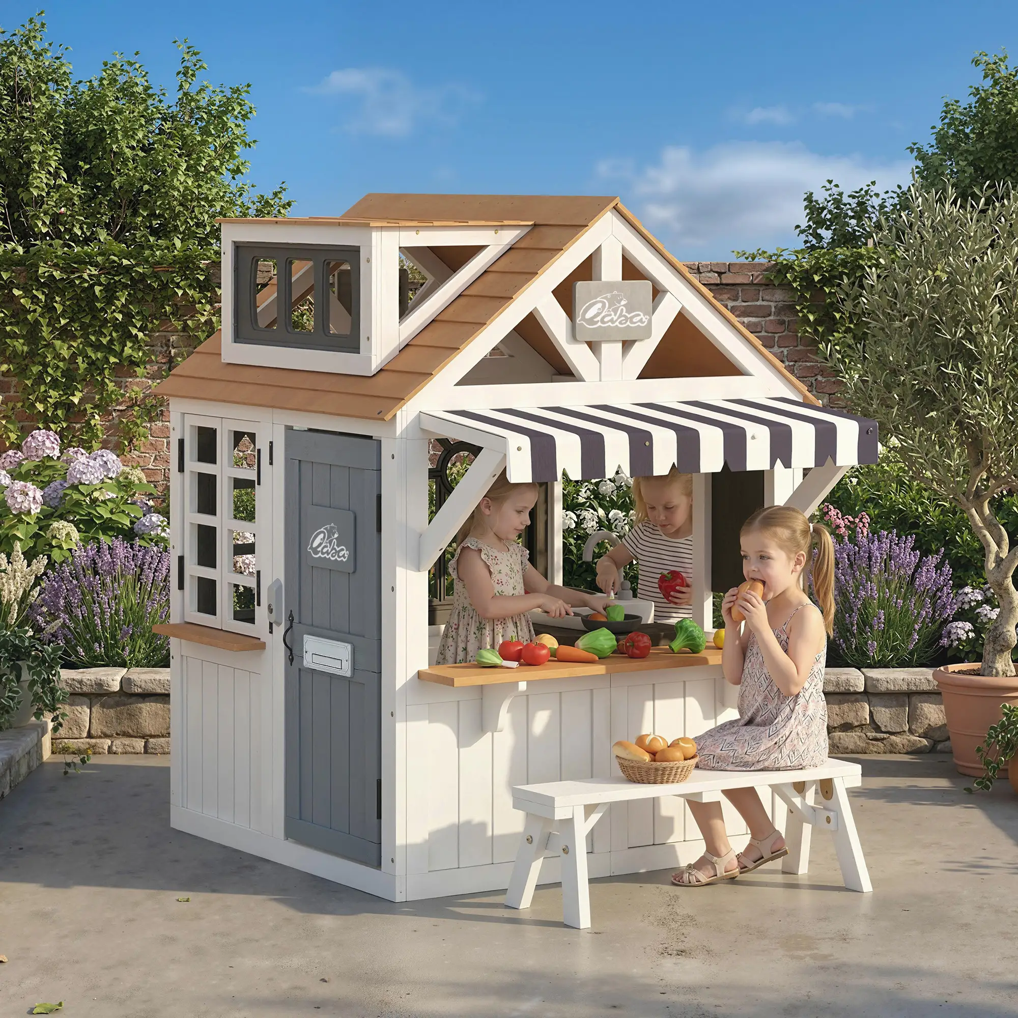 Wooden Kids Playhouse With Dog Door, Cookware, Blackboard, Bench, Doorbell - Image 8