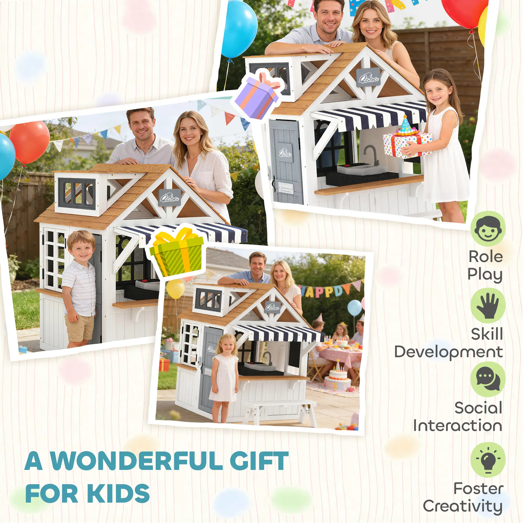 Wooden Kids Playhouse With Dog Door, Cookware, Blackboard, Bench, Doorbell - Image 9