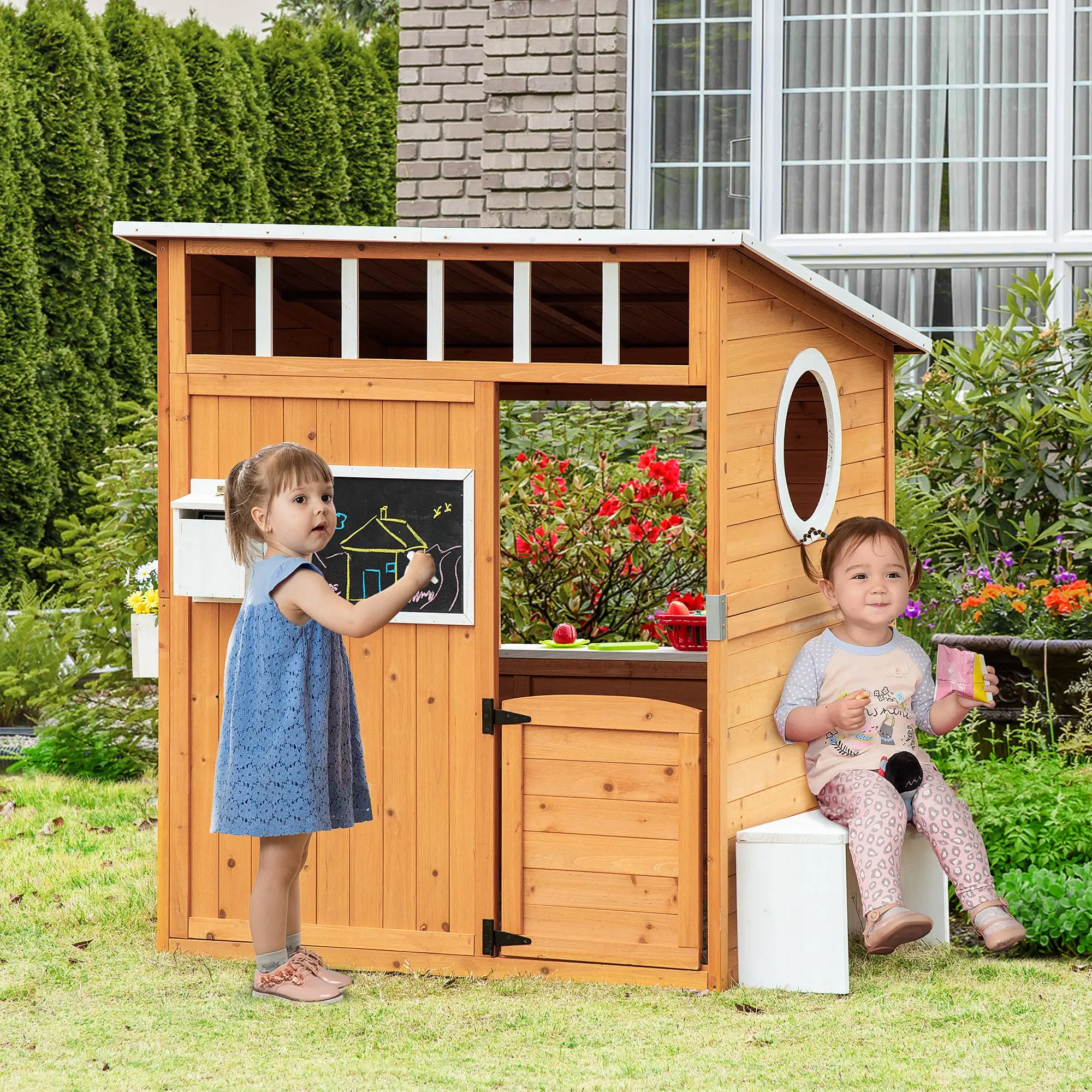 Wooden Kids Playhouse with Door, Windows & Mailbox, Yellow - Image 2