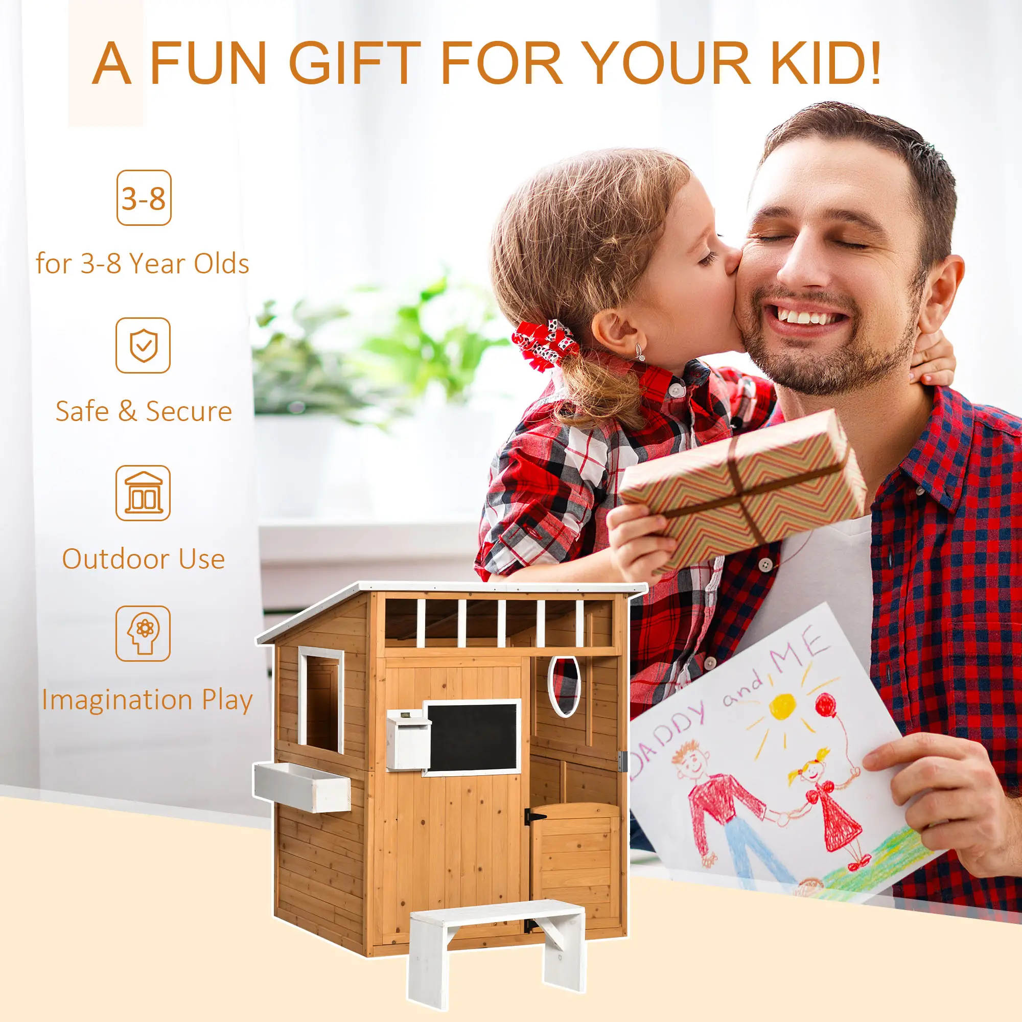 Wooden Kids Playhouse with Door, Windows & Mailbox, Yellow - Image 4