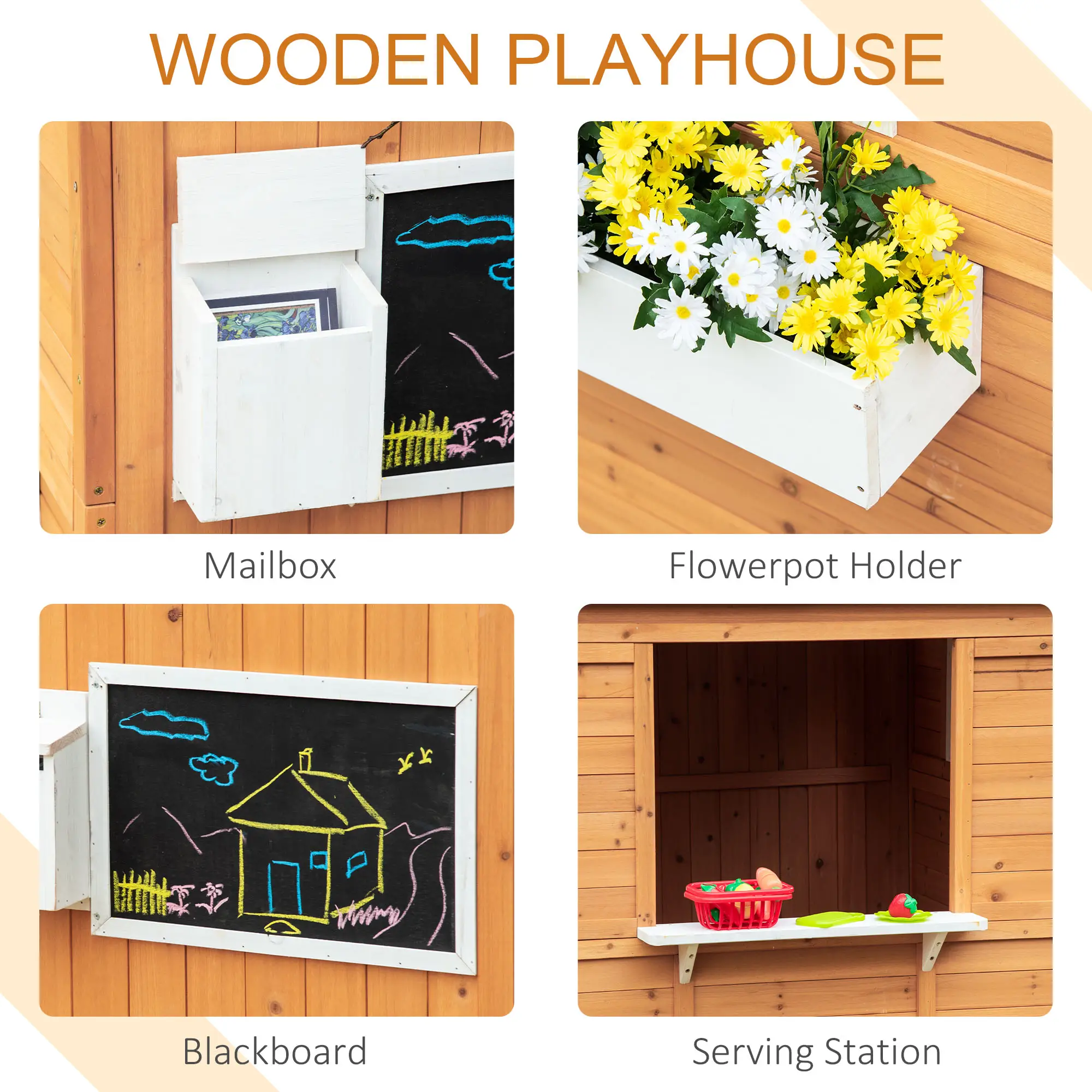 Wooden Kids Playhouse with Door, Windows & Mailbox, Yellow - Image 5