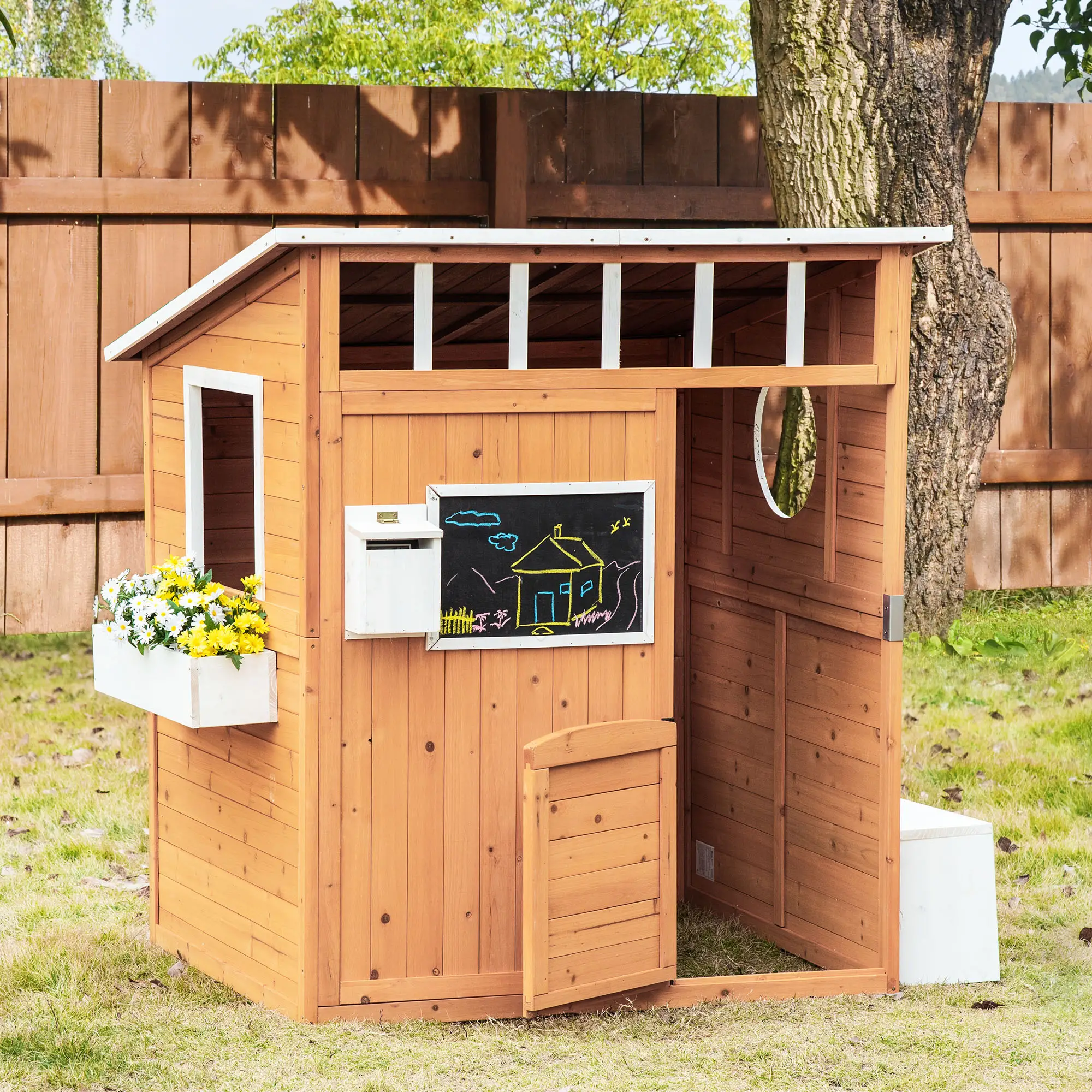 Wooden Kids Playhouse with Door, Windows & Mailbox, Yellow - Image 8
