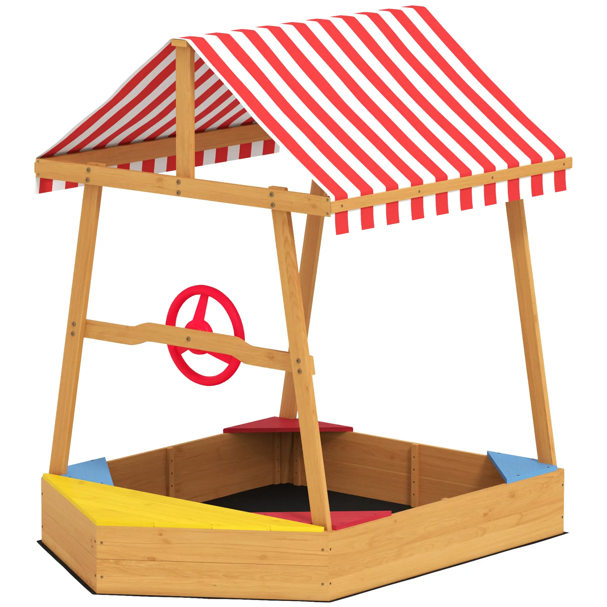Wooden Kids Sandbox with Cover, 4 Seats, 52" x 40" x 55.5", Yellow