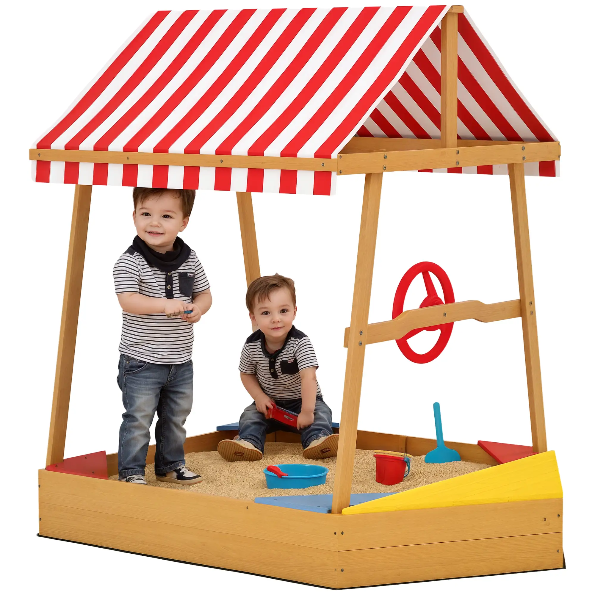 Wooden Kids Sandbox with Cover, 4 Seats, 52" x 40" x 55.5", Yellow - Image 11