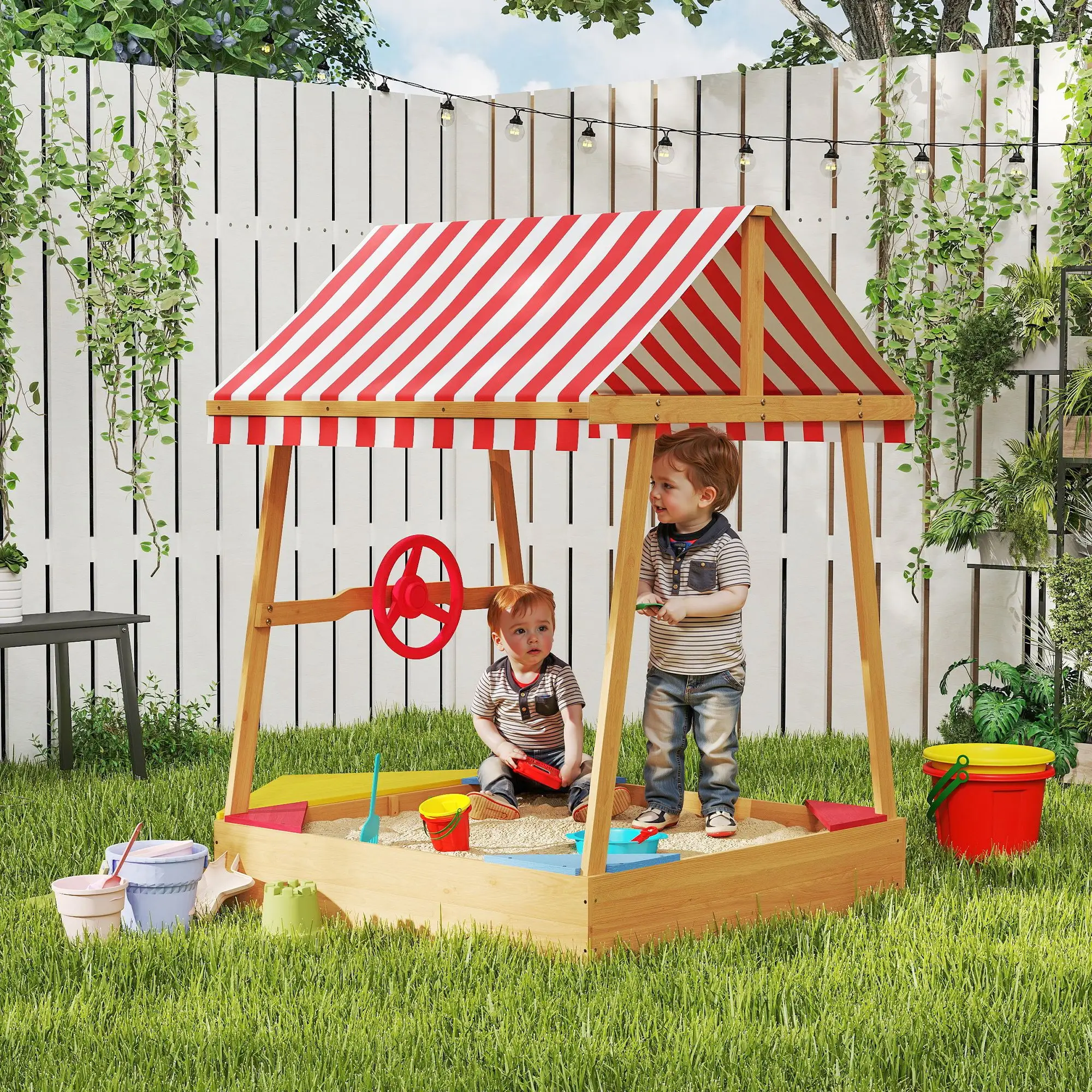 Wooden Kids Sandbox with Cover, 4 Seats, 52" x 40" x 55.5", Yellow - Image 2