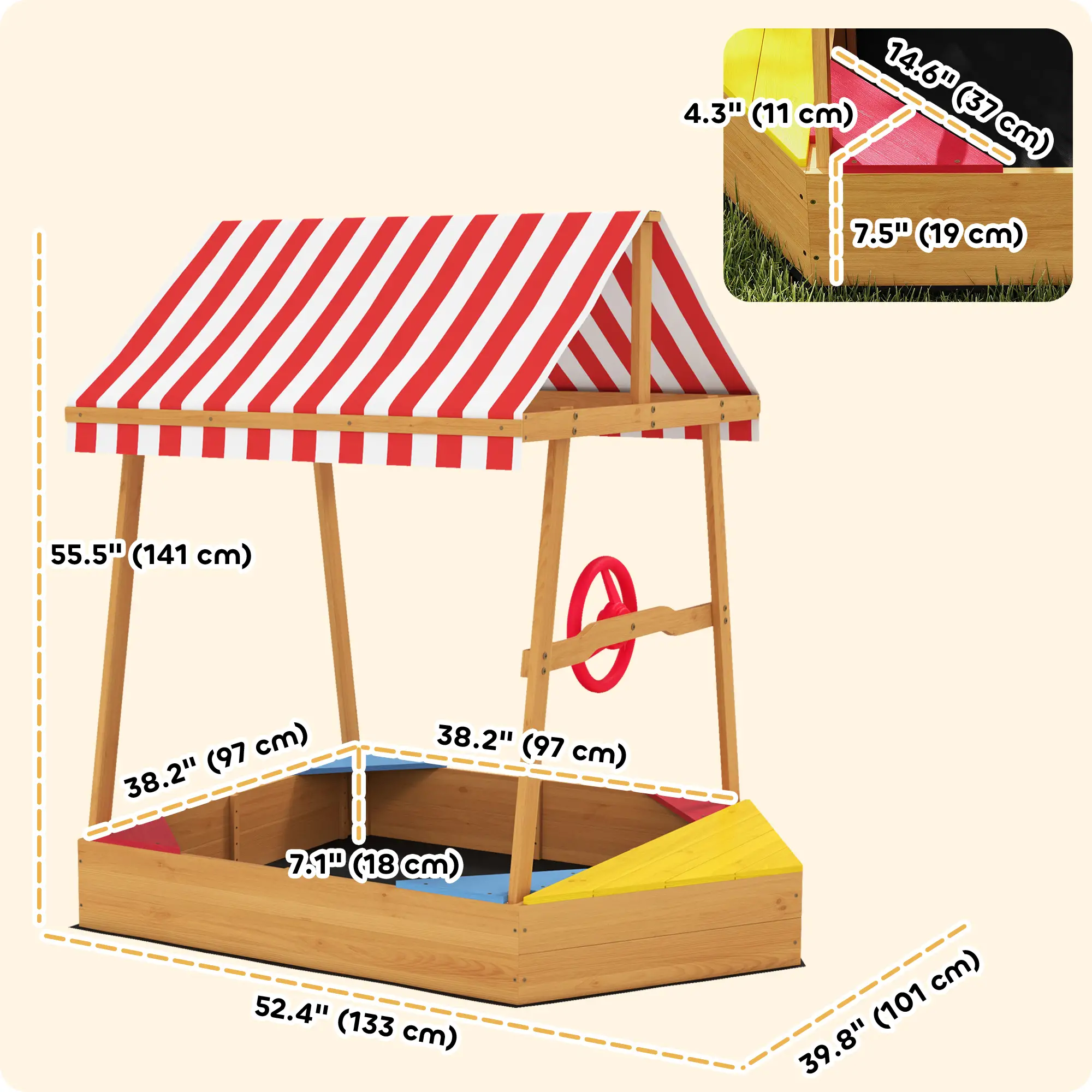 Wooden Kids Sandbox with Cover, 4 Seats, 52" x 40" x 55.5", Yellow - Image 3