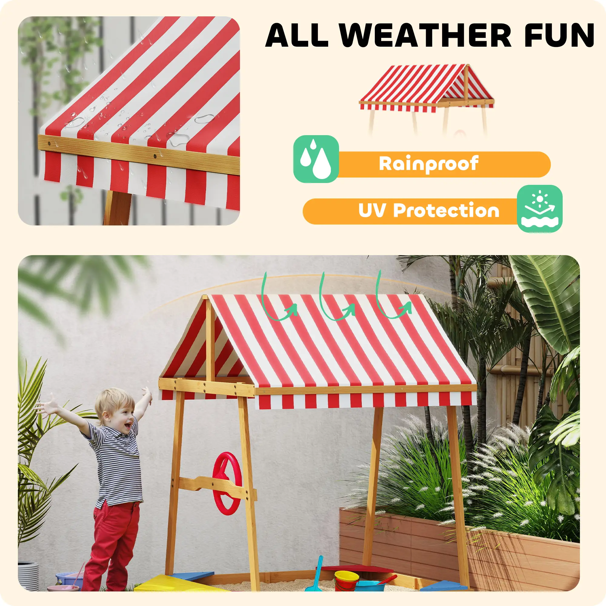 Wooden Kids Sandbox with Cover, 4 Seats, 52" x 40" x 55.5", Yellow - Image 5