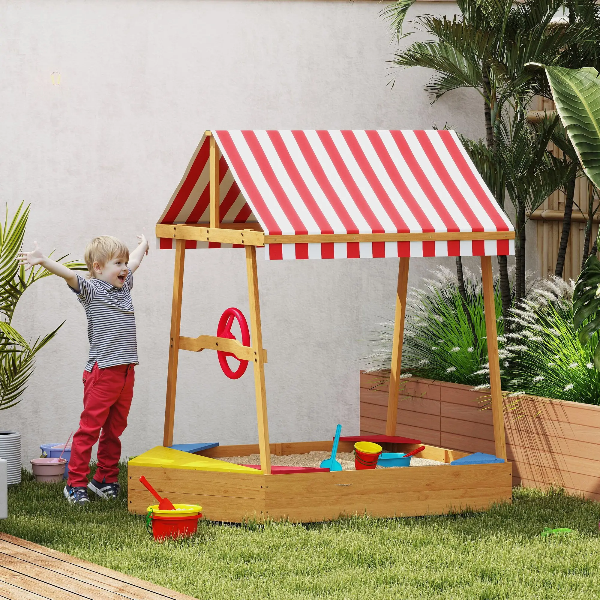 Wooden Kids Sandbox with Cover, 4 Seats, 52" x 40" x 55.5", Yellow - Image 8