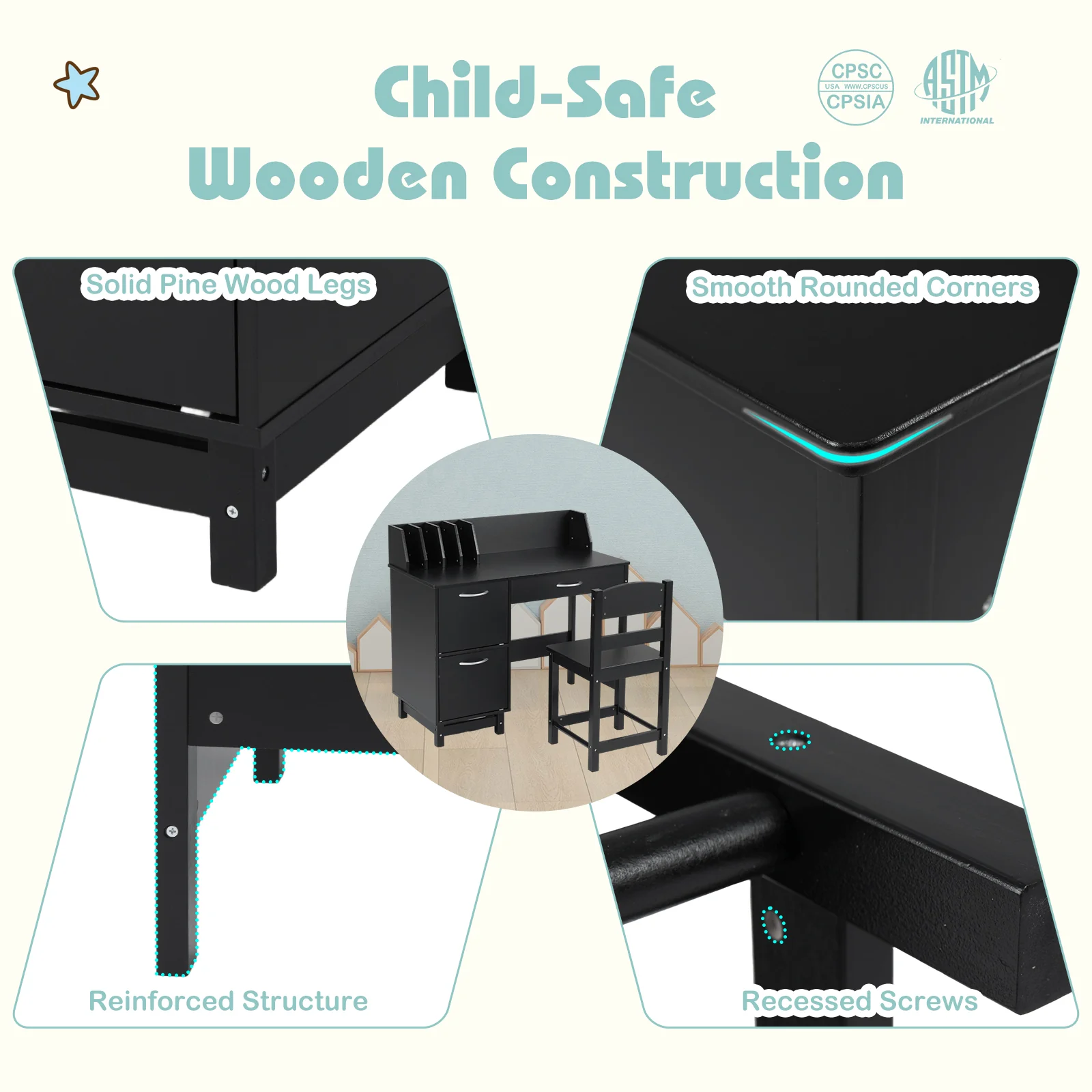Wooden Kids Study Desk and Chair Set Student Workstation, Black - Image 10