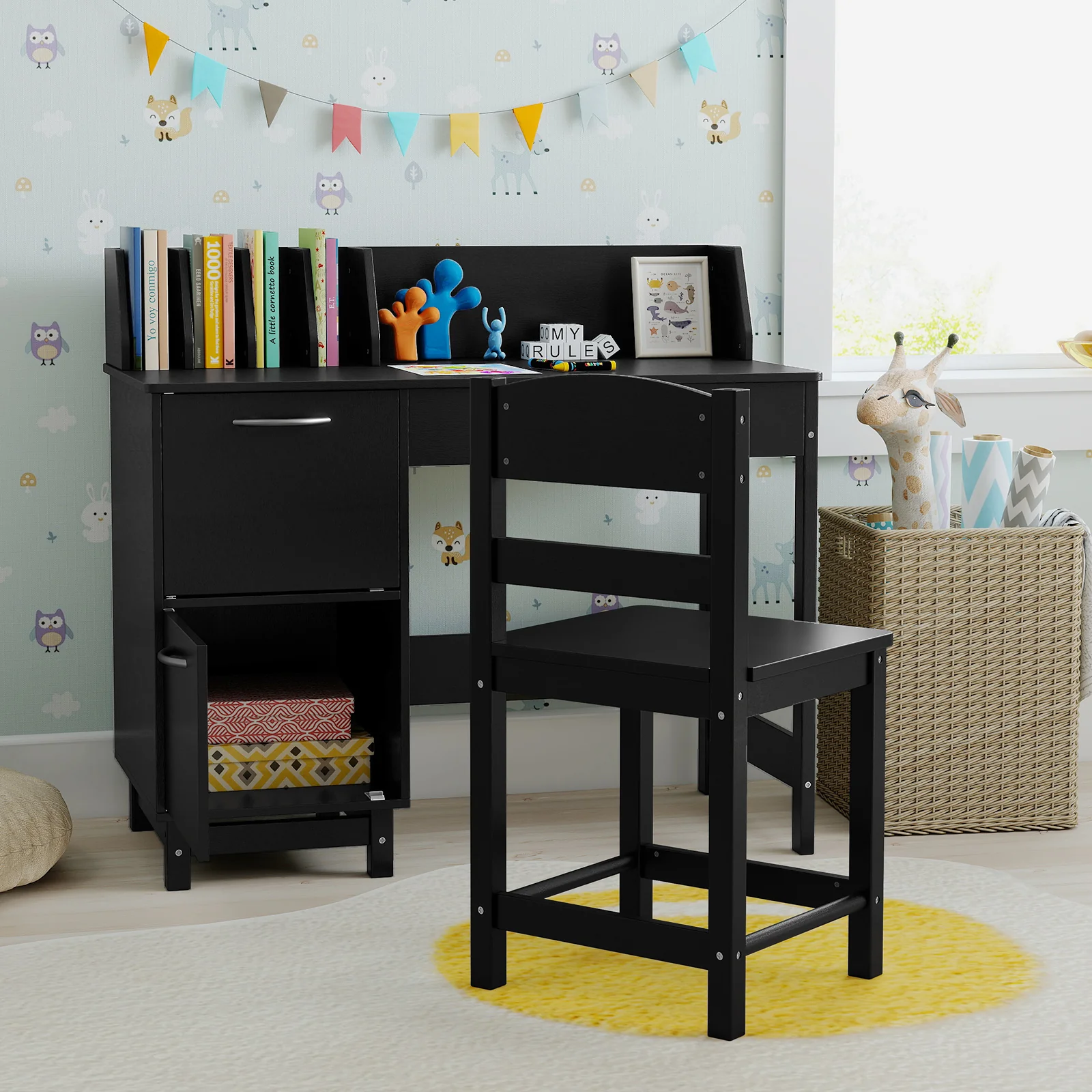 Wooden Kids Study Desk and Chair Set Student Workstation, Black - Image 2