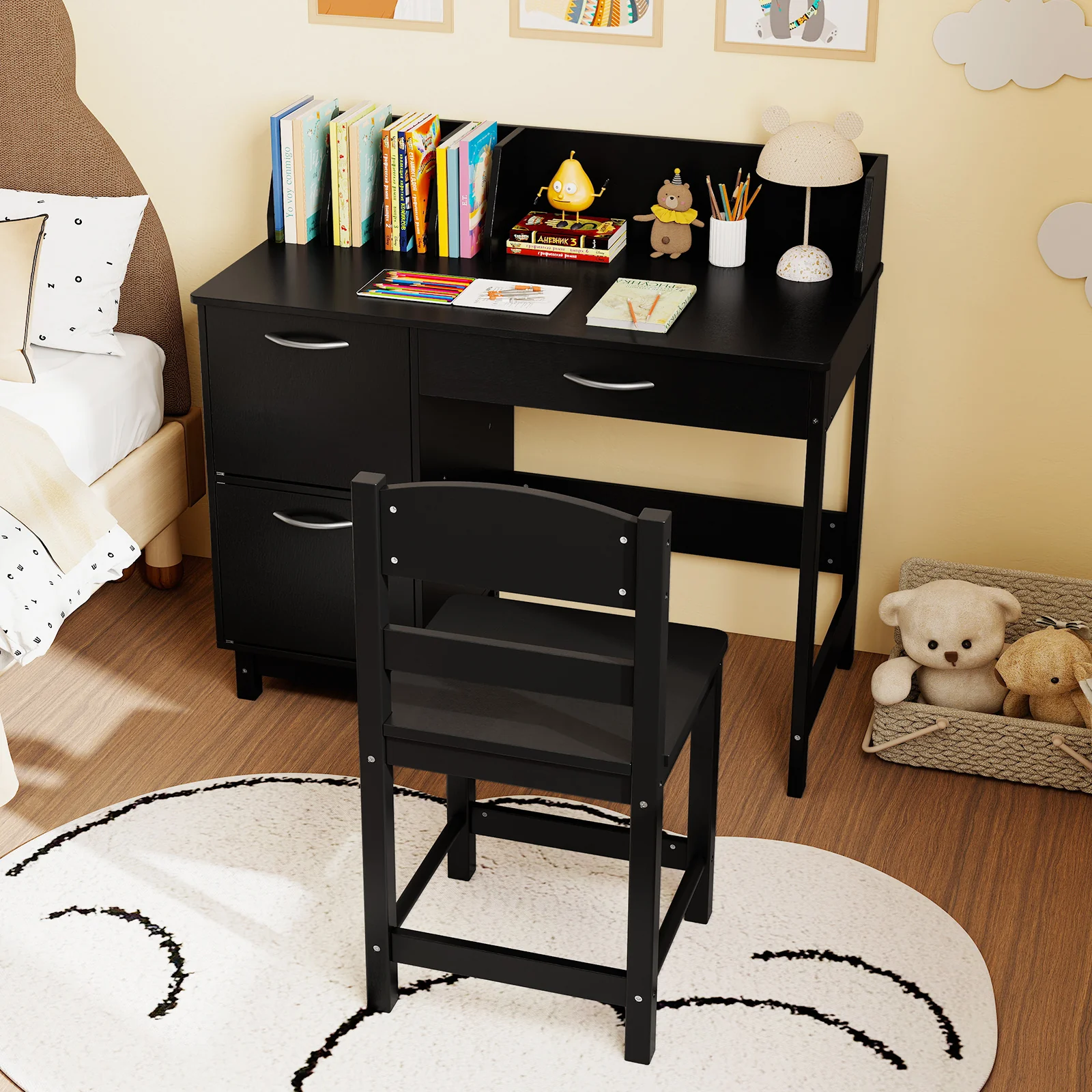 Wooden Kids Study Desk and Chair Set Student Workstation, Black - Image 3