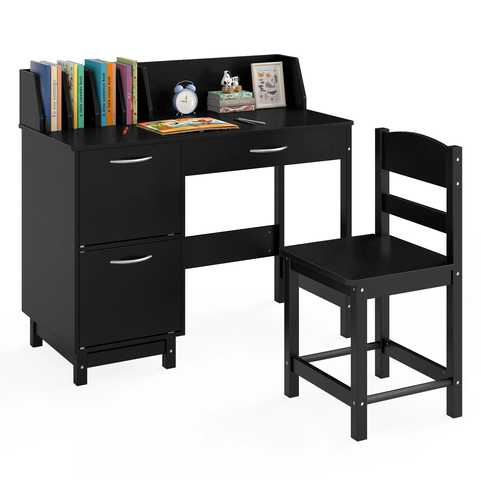 Wooden Kids Study Desk and Chair Set Student Workstation, Black - Image 4
