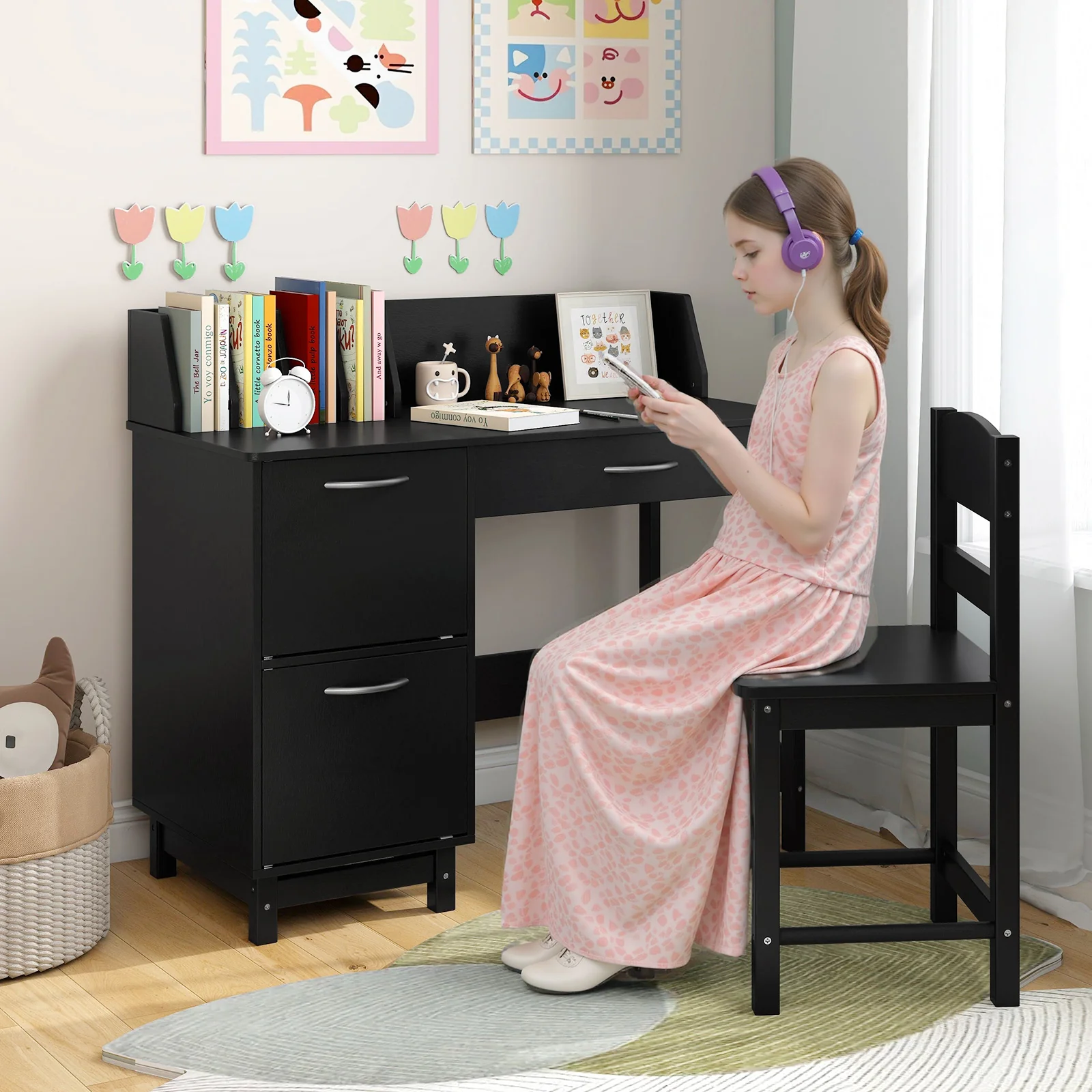Wooden Kids Study Desk and Chair Set Student Workstation, Black - Image 6