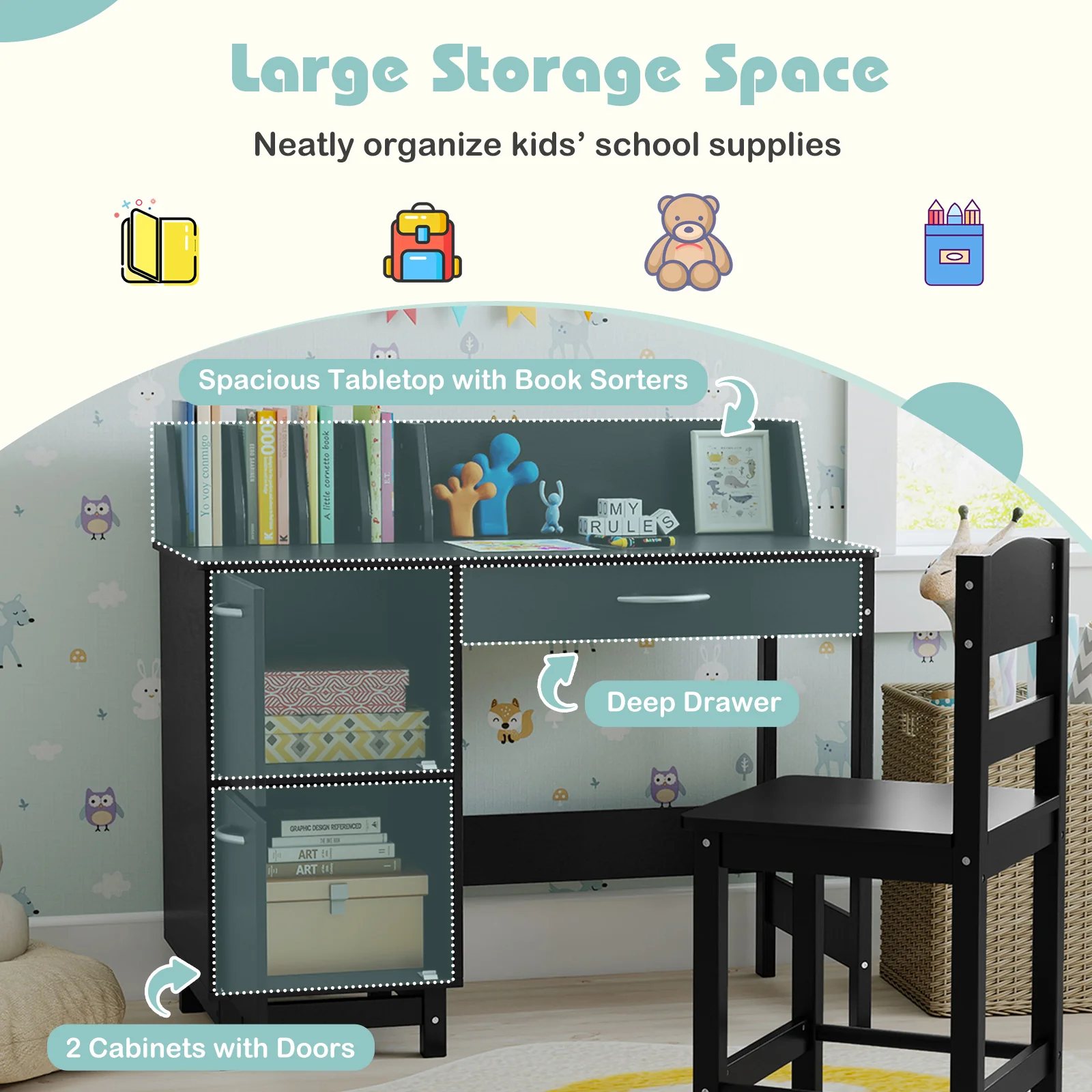 Wooden Kids Study Desk and Chair Set Student Workstation, Black - Image 7