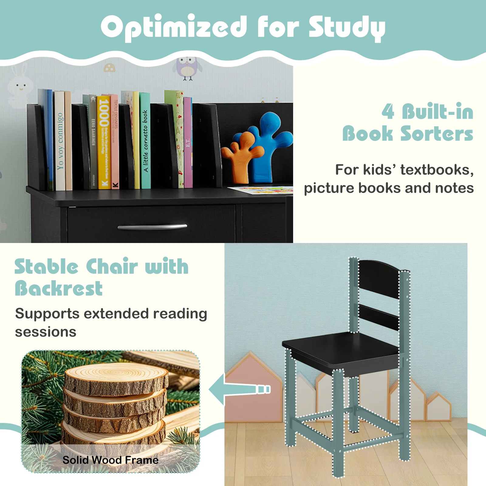 Wooden Kids Study Desk and Chair Set Student Workstation, Black - Image 8