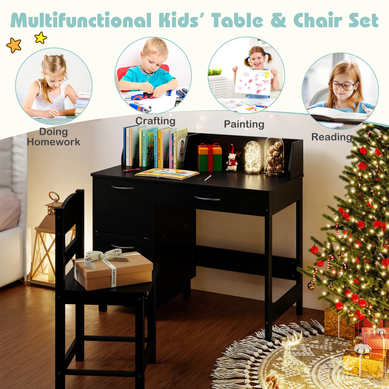 Wooden Kids Study Desk and Chair Set Student Workstation, Black - Image 9