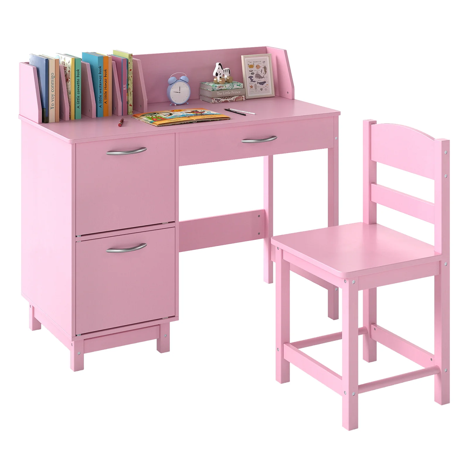 Wooden Kids Study Desk and Chair Set Student Workstation, Pink