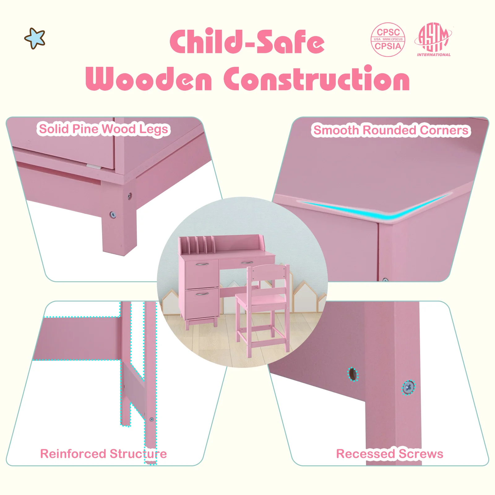 Wooden Kids Study Desk and Chair Set Student Workstation, Pink - Image 10
