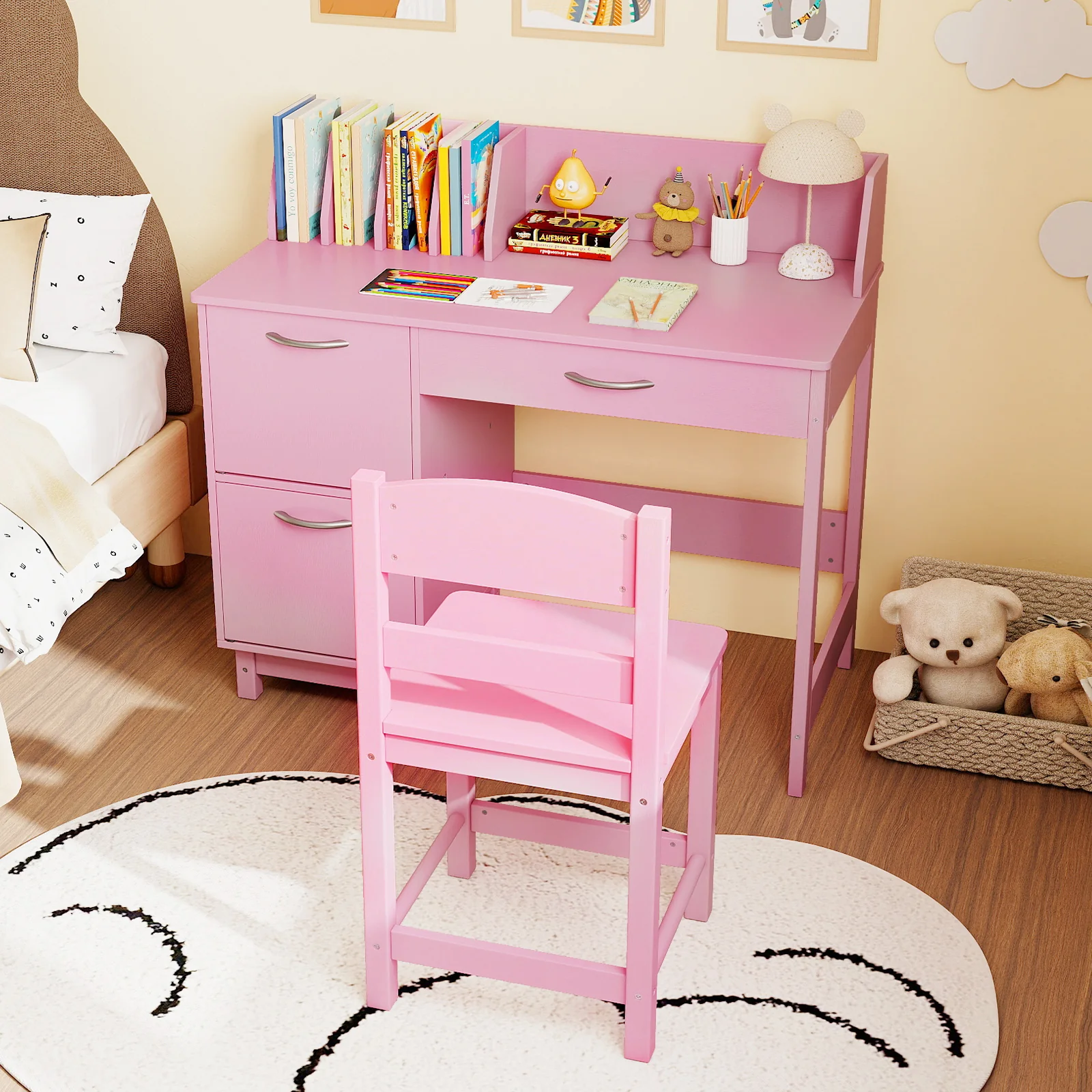 Wooden Kids Study Desk and Chair Set Student Workstation, Pink - Image 2