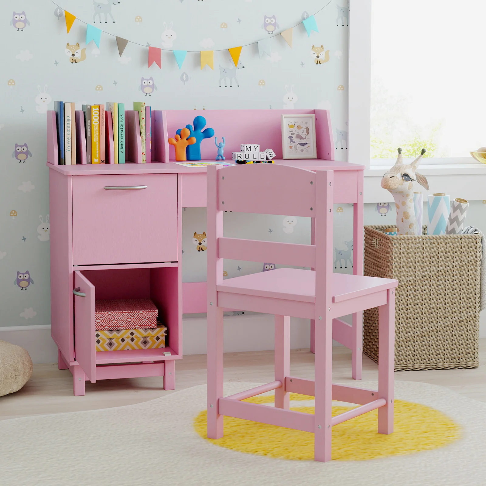 Wooden Kids Study Desk and Chair Set Student Workstation, Pink - Image 3