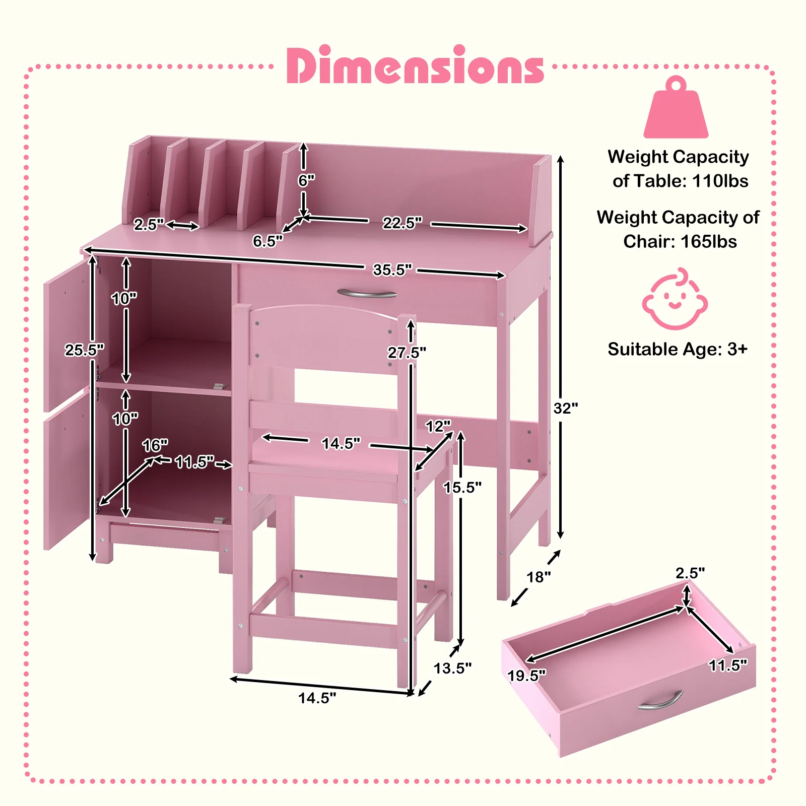 Wooden Kids Study Desk and Chair Set Student Workstation, Pink - Image 5