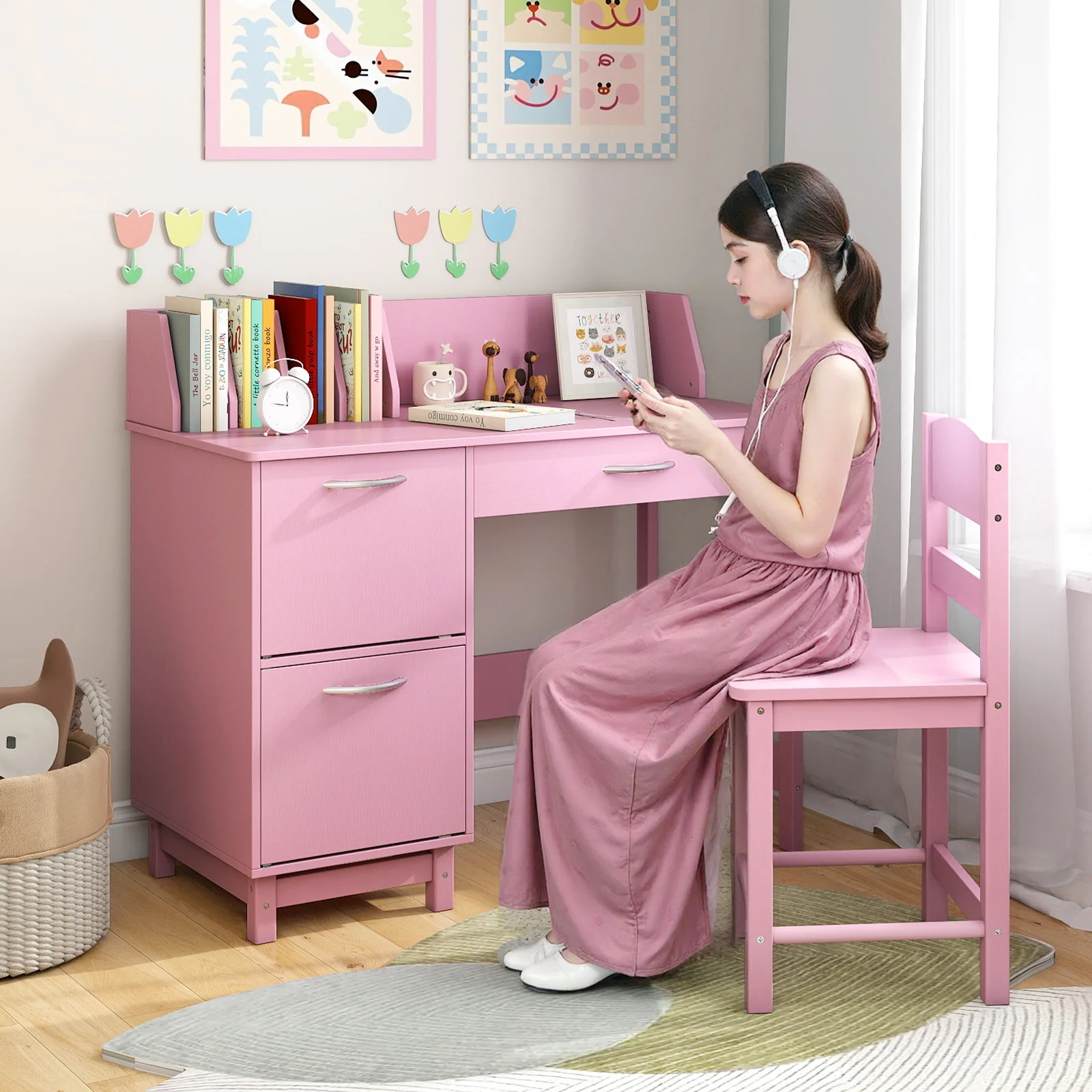 Wooden Kids Study Desk and Chair Set Student Workstation, Pink - Image 6