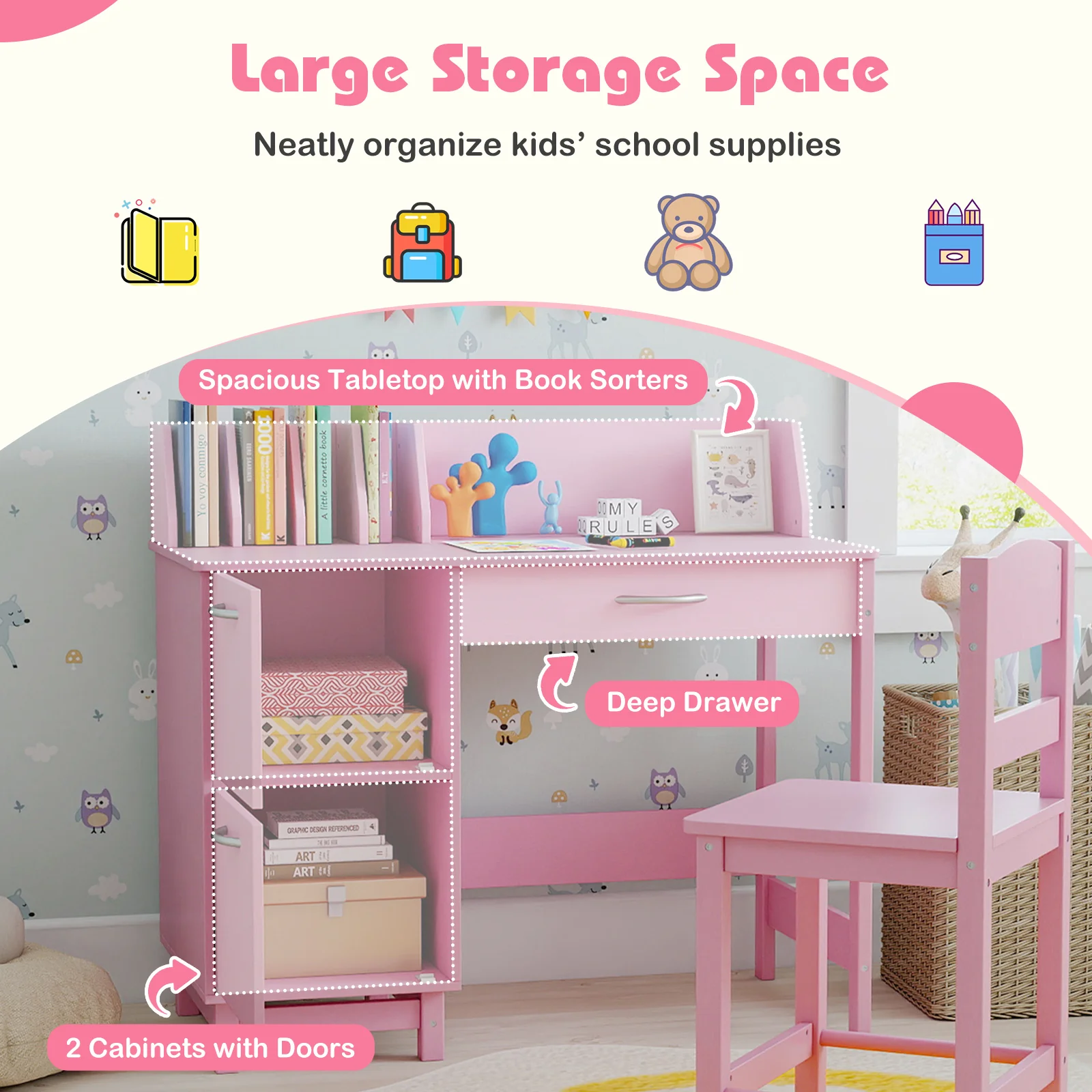 Wooden Kids Study Desk and Chair Set Student Workstation, Pink - Image 7