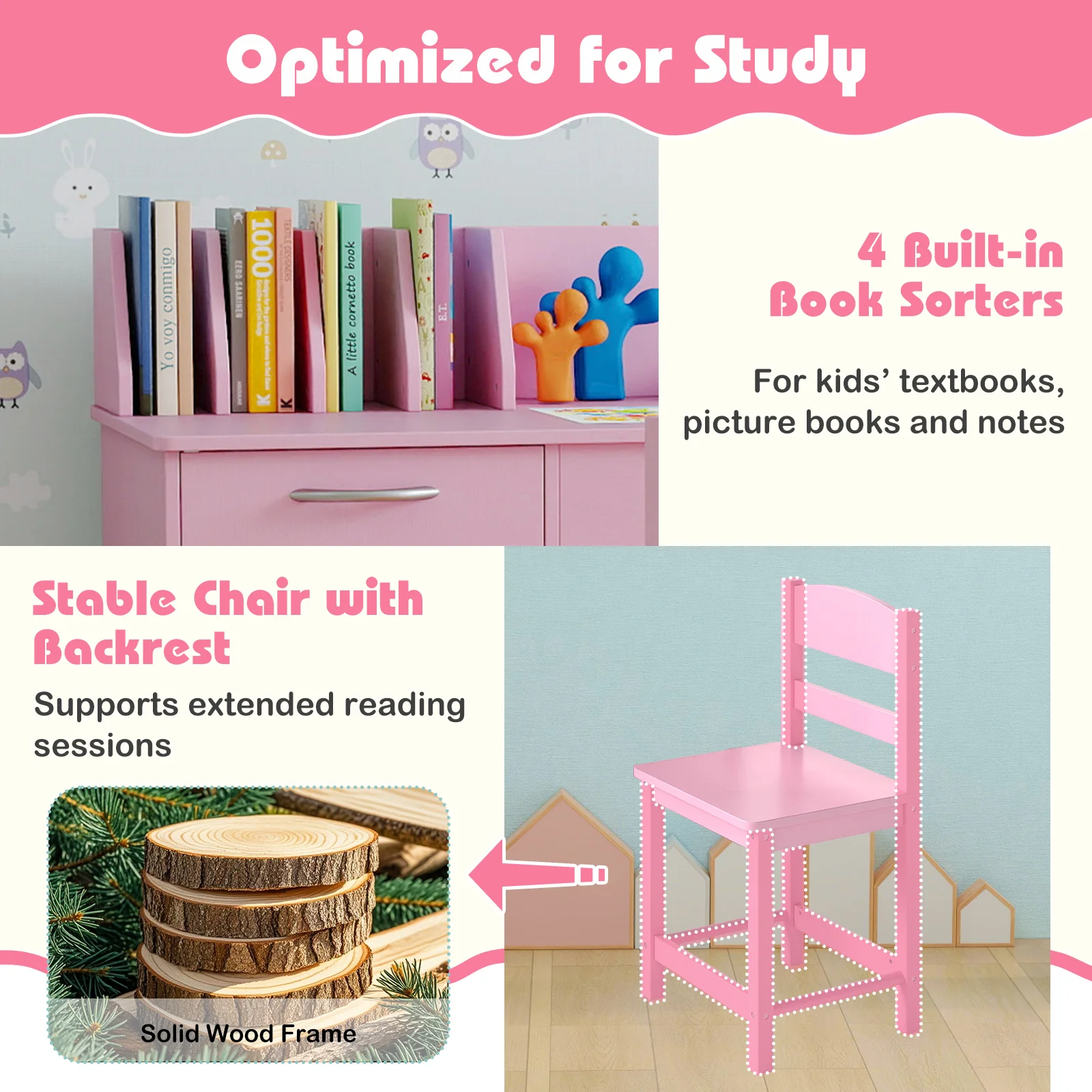 Wooden Kids Study Desk and Chair Set Student Workstation, Pink - Image 8