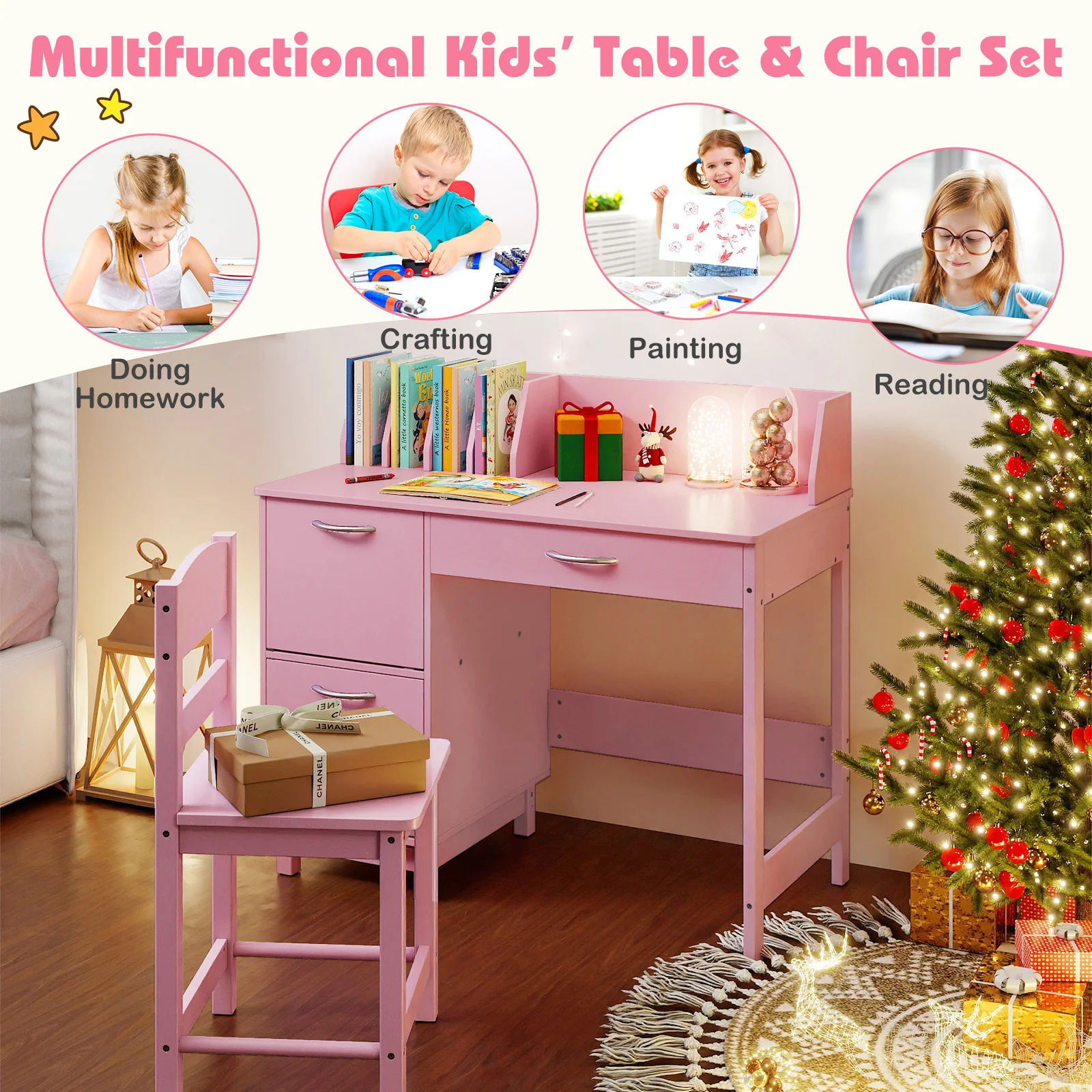 Wooden Kids Study Desk and Chair Set Student Workstation, Pink - Image 9
