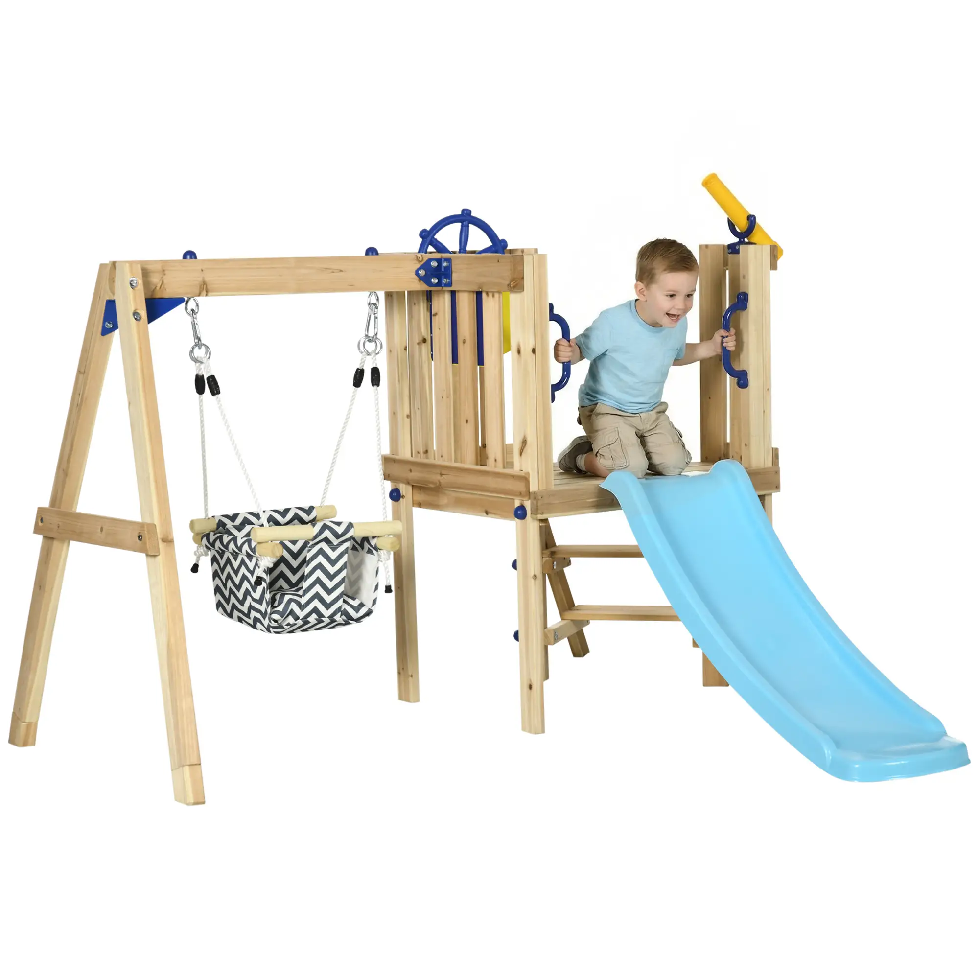 Wooden Kids Swing Set With Slide, Swing Seat, Captain's Wheel, Telescope, Natural - Image 11