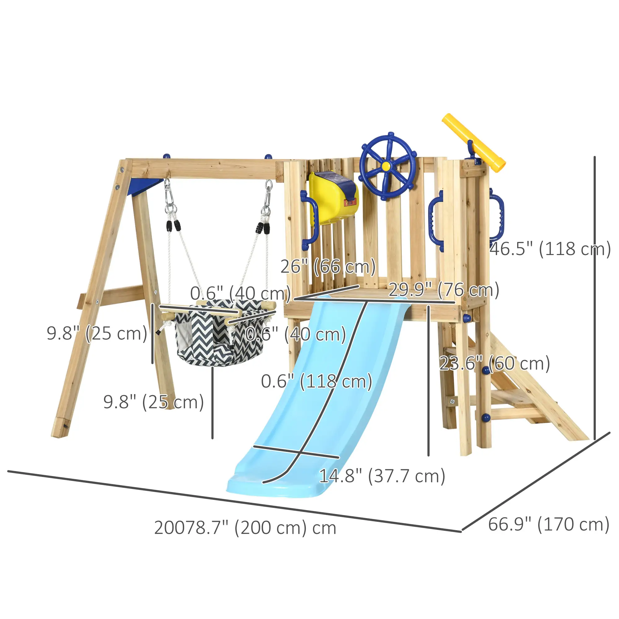 Wooden Kids Swing Set With Slide, Swing Seat, Captain's Wheel, Telescope, Natural - Image 3